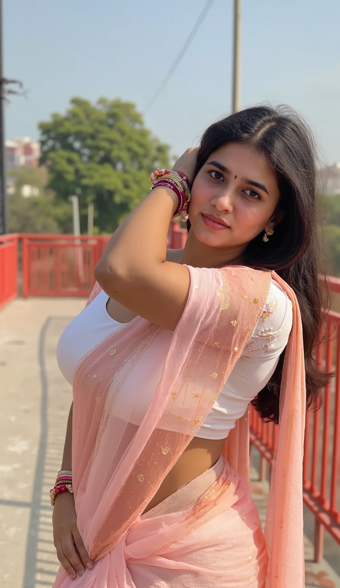 Indian beautiful woman sexy bhabhi, Copper colour strapless Sleeveless blouse,very deep cleavage,curvy plus size model wearing transparent white pink floral color saree ,Copper colour satin glossy strapless sleeveless blouse, plenty of red and white bangles in hand,bindi on fore head,facing to camera in standing in a bedroom  for honeymoon with a glass of milk,curvy plus size figure,big large m-cup breasts, deep cleavage, huge breasts, side bun hairstyle, bright eyes, thin eyebrows, fair skin, blushing cheeks, prefect ,head to thighs view, head to thigh view, bright sunlight,1girl, solo, flirt, seduce pose, pleasure expression, languid breathing,1girl, Solo, High Resolution, Long Hair, Breasts, Looking at viewer, Blush, Smile, High Resolution, Masterpiece, Accurate, Anatomically Correct, Award Winning, Best Quality, Detail, HD, High Details, High Quality, Quality, Retina, Super Detailed, Textured Skin, UHD, Long Hair, Breasts, Large breasts, Earrings, Blush, Smile, Blurry, Perfect hands,Sparkle, Depth Of Field, Motion Lines, Foreshortening, Lens Flare, Backlighting, Emphasis Lines, Motion Blur, Silhouette, Speed Lines, Bokeh, Film Grain, Drop Shadow, Diffraction Spikes, Bloom, Caustics, Vignetting, Scanlines, Overexposure, Optical Illusion, Chiaroscuro, Image Fill, Chromatic Aberration Abuse, Cinematic Lighting, God Rays, Glowing Light, Halftone, Abstract, Ukiyo-e, Minimalism, Impressionism, Minimalism, Illustration, Art Deco, 8K Octane, 3D Rendering, Abstractionism, Abstract Expressionism, American Propaganda Poster, Anime Style, Apocalypse, Art Nouveau, Baroque, Artistic, Baroque, Behance, Blind Box Toy Style, 