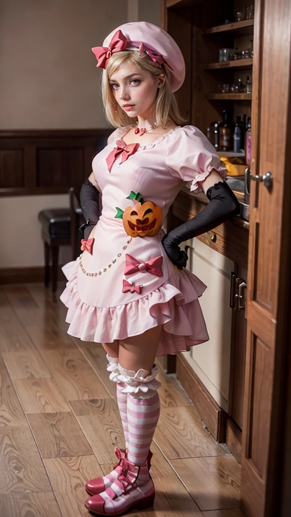 (masterpiece, best quality:1.2), 1girl, solo,standing_split, 
A photo of a beautiful lady cosplaying Lambdadelta, pink beret, dress, blonde hair, short hair, pink and white striped knee highs, pink shoes, red eyes, pumpkin, 