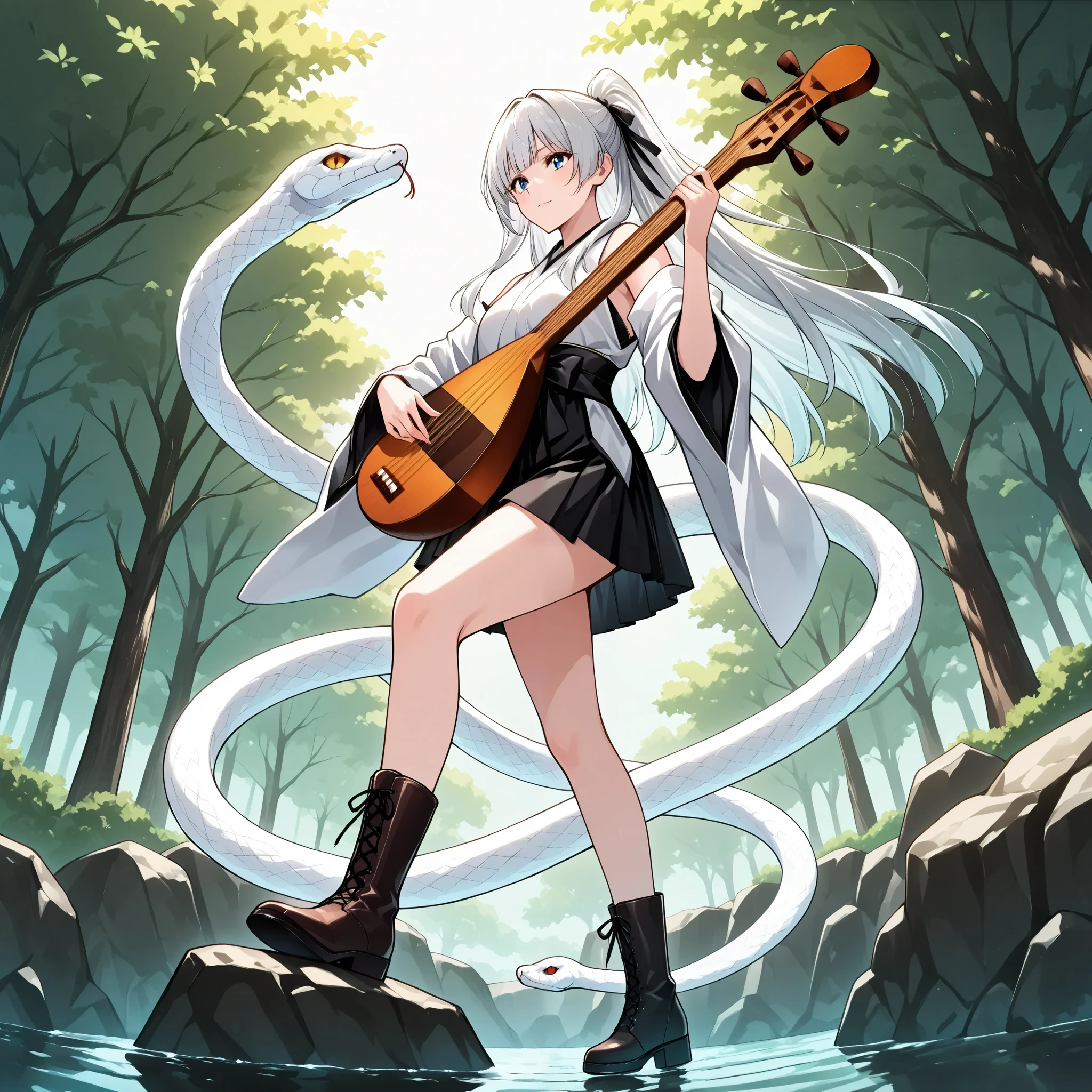 lute \(instrument\), animated illustration、Raise your left knee higher、from side,,A woman standing with her left foot in front of her,、A woman in a miniskirt standing and playing the biwa. Dancing White Serpent, sleeveless kimono、
playing instrument,Detailed hand,Hand,Perfect hand,
holding instrument,
japanese clothes,
kimono,dramatic portrait,
white snake, short boots、、In a natural park、
Benzaiten and white snake、 dynamic composition、from below, stands on a large rock in Lake、In a natural park、