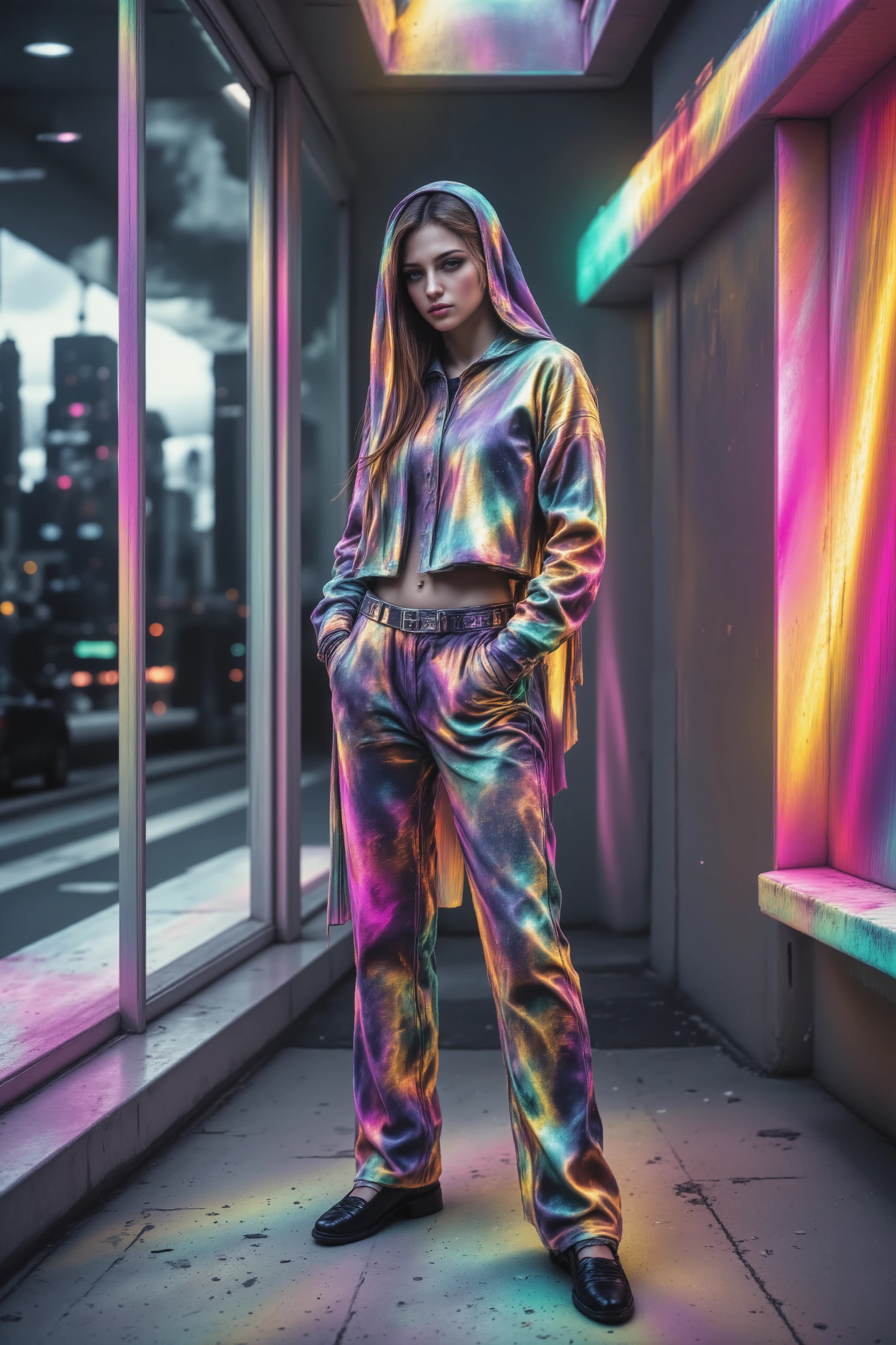 A stylized low-poly scene featuring a polygonal woman with geometric facial features and a faceted body. She wears a structured outfit with angular shadows and subtle metallic paint accents. The background consists of a polygonal interior with a geometric cityscape in the distance. Cel shading enhances the contrast, while grisaille highlights add a sculptural effect. Despite the sharp edges of the low-poly design, a bloom effect creates a soft glowing light, and a refraction effect distorts glass elements for an unusual visual contrast. Motion blur introduces an unnatural smoothness, while an iridescent flow overlays colorful gradients onto the faceted surfaces.