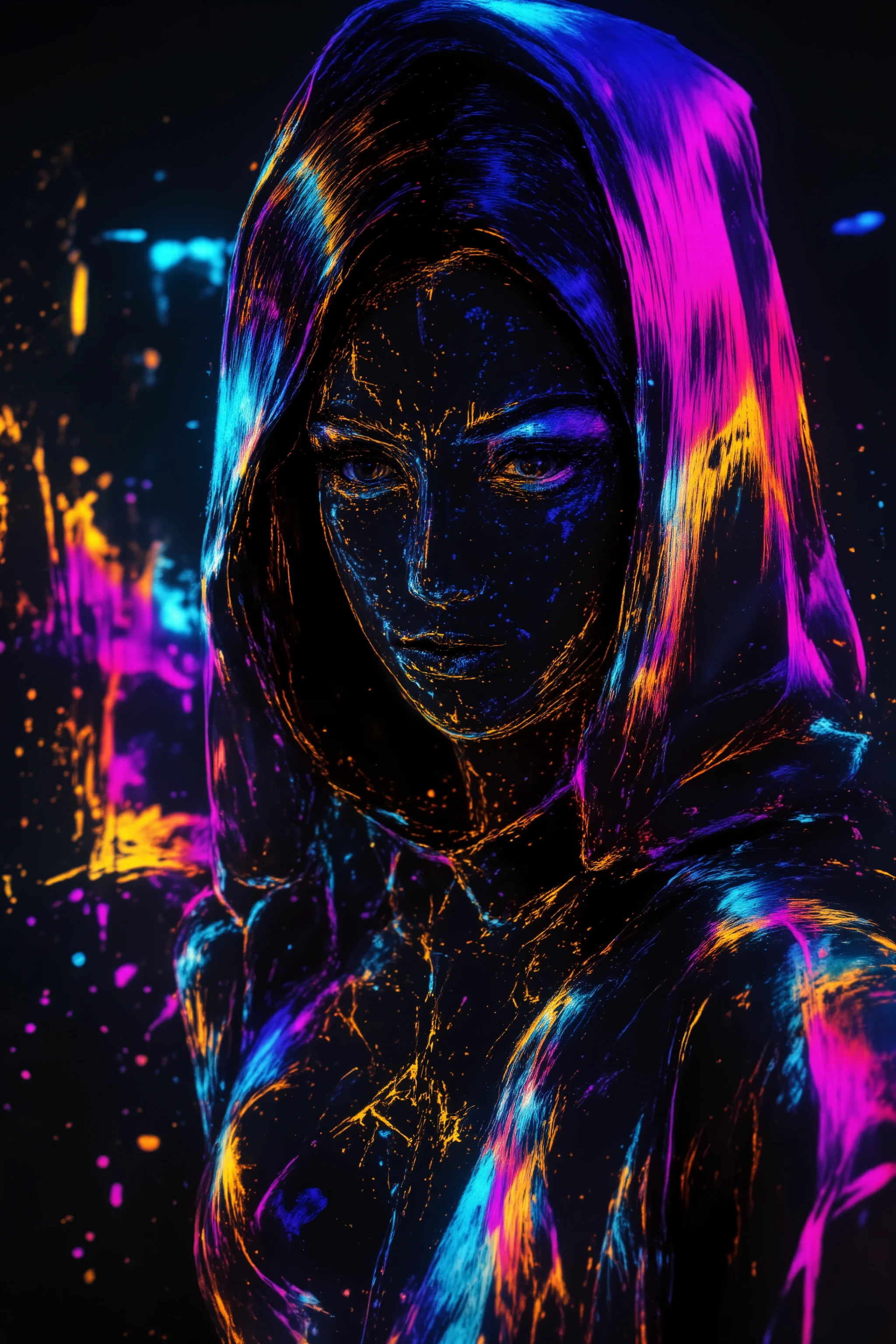 A stylized low-poly scene featuring a polygonal woman with geometric facial features and a faceted body. She wears a structured outfit with angular shadows and subtle metallic paint accents. The background consists of a polygonal interior with a geometric cityscape in the distance. Cel shading enhances the contrast, while grisaille highlights add a sculptural effect. Despite the sharp edges of the low-poly design, a bloom effect creates a soft glowing light, and a refraction effect distorts glass elements for an unusual visual contrast. Motion blur introduces an unnatural smoothness, while an iridescent flow overlays colorful gradients onto the faceted surfaces.