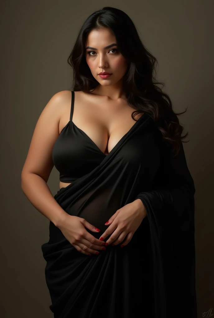 Srabanti Chatterjee bengali actress beautiful actress sexy curvy plus size model woman in a Black Bridal Fallen Angel Devil Vampire Witch Dress in moonlit night dark jungle, manga mala necklace ornament in necklace for wedding, Head Jewelry for wedding, busty, small curvy, mid body shot, she has a jiggly fat round belly, thick body, moonlit night dark jungle background.