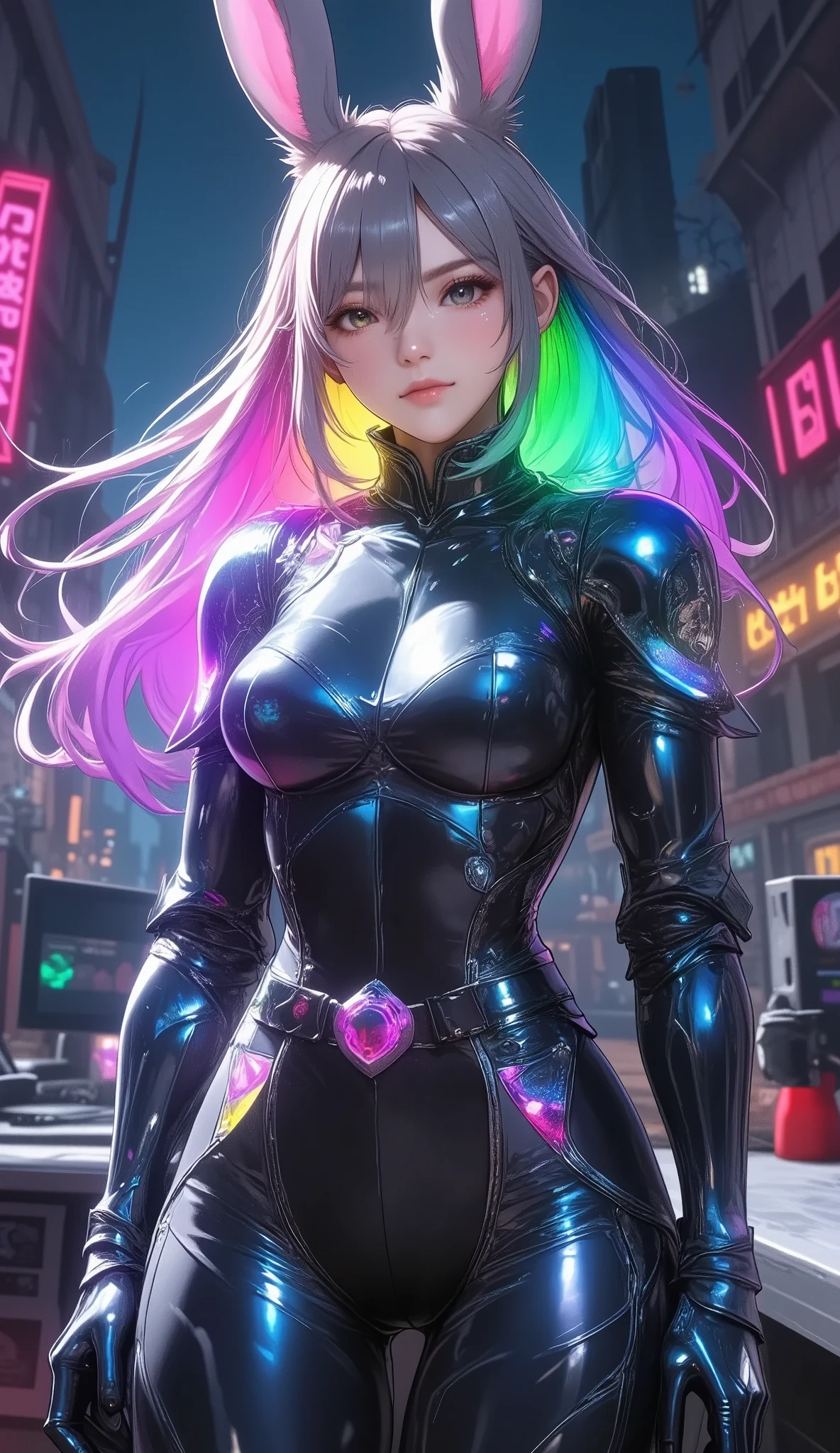 (( Masterpiece, high quality , anatomically accurate , high quality , ultra high quality , depth of field adjustment , , high quality )) ((a solo sexy Viera girl with mechanical body)), complex machine body , ((A transparent body that shines white , The mechanical structures of the body are visible through)), viera, rabbit ears, android ,science, light emitting diode ,metal,metal, high resolution , 最 high quality, high resolution , anatomically accurate , very detailed, Ultra-fine, textured skin , sharp details ,bangs, Vibrant hair color 、 Secret Base、 stands in front of a laboratory monitor , upper body close up