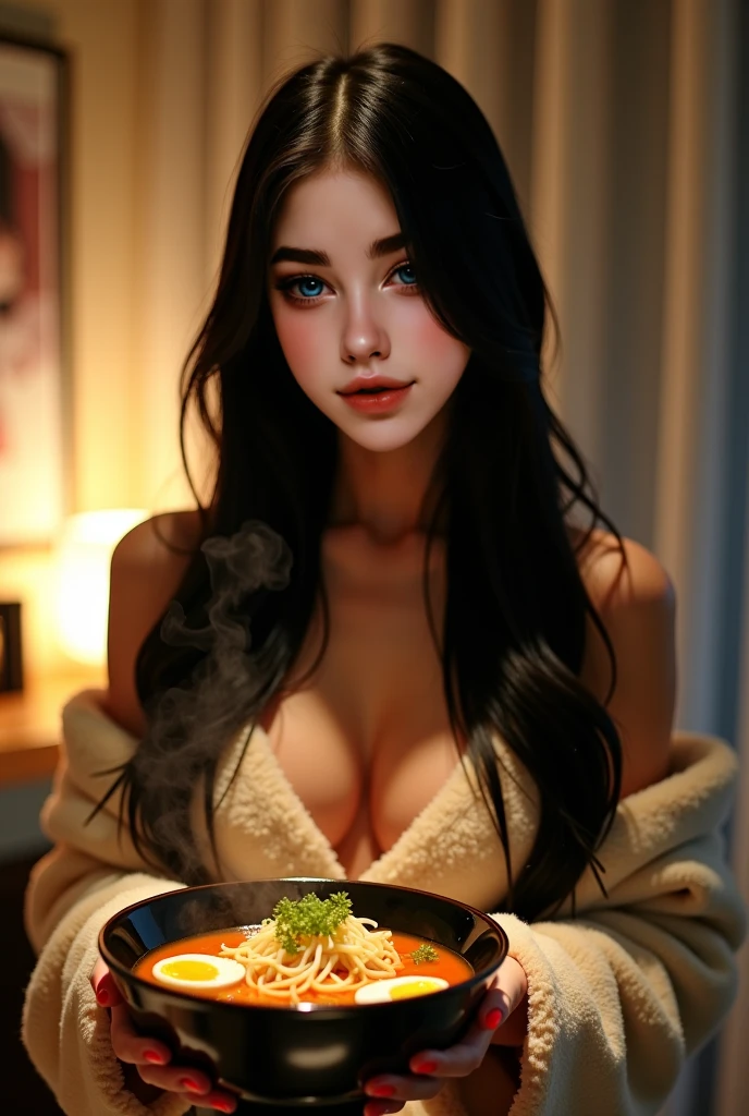High angle photo of a beautiful woman (,small breasts, Fair skin, outlined eyes, makeup, Black hair, choker) in the style of stefan kostic, realistic skin texture, having breakfast, behind the desk, black dress, shoulders showing, body cut 1/2, art lens 8 5 mm, f 1. 2, sharp focus, 8K high definition, insanely detailed, intricate, elegant, art by Stanley Lau and Artgerm