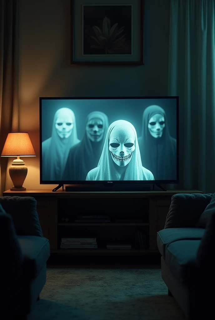 TV with images of masked ghosts on its screen, home atmosphere , 3d, realistic
