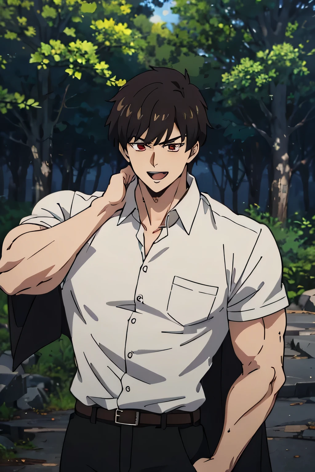 20 year old man, tall and big, muscular, brown hair color, red eye color, stupid, evil laughing face, villain, talkative, wearing black shirt, wearing black robe, wearing black blazer, facing forward, anime, hd , vampire, forest background