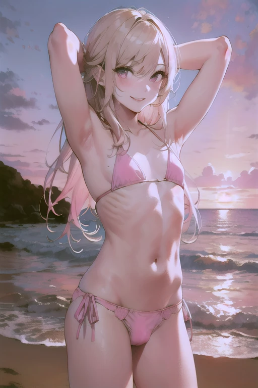 (masterpiece:1.2), (highest quality:1.2), perfect eyes, perfect face, perfect lighting, desert, (((((nude))))), nsfw, , 1 girl, blonde, yellow-green eyes, one eye closed, (((wavy hair))), bun_head, blunt bangs, medium hair, looking at the viewer, (fang), closed mouth, ((((disdain)))), arms behind head, Upper body, Large size, spread legs, ((small breasts)),((((man's chest)))) (((scared))), ((grin)), Sweat, (((cum on pussy))), abs, (((brown skin)))