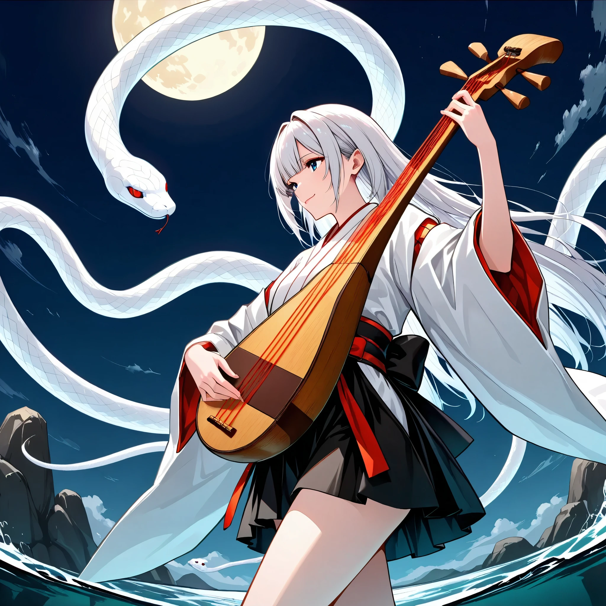 lute \( Instrument \),ローアングル、from below, from side,a woman in a miniskirt is standing and playing biwa. White Snake ,cowboy shot,
playing Instrument ,Dancing White Serpent、
holding Instrument ,
Japanese clothing,
kimono,
White Snake, A night when the moon is shining、moon,
Benzaiten and White Snake、 dynamic composition 、from below, standing on a large rock in a lake 、The stars in the night sky twinkle,、