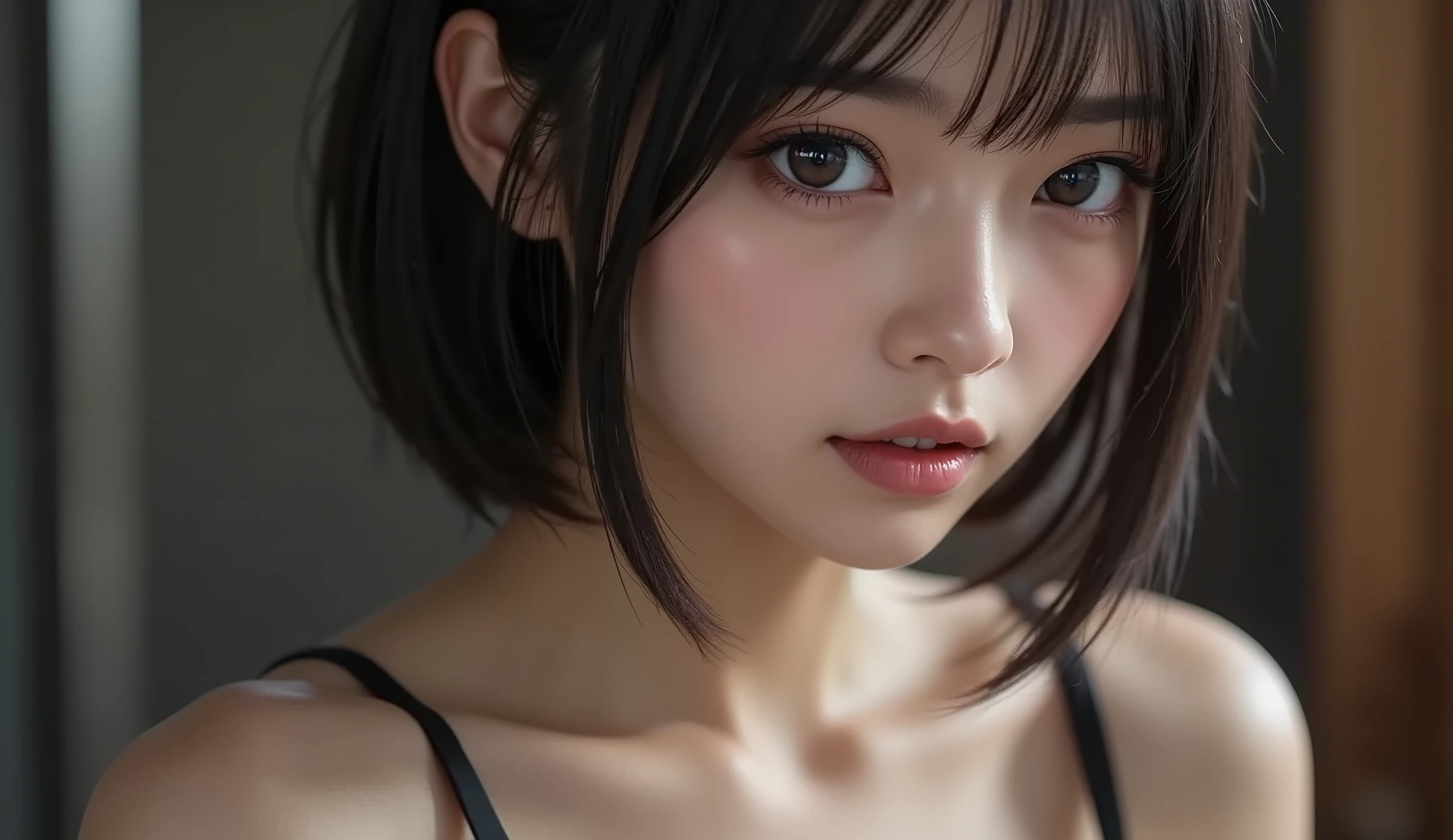 8k, ultra high resolution , top quality, Masterpiece,rule of thirds,golden ratio, surreal, photos, one woman,( girl:1.3), cute, cute顔, Beautiful Eyes in Every Detail , 細かく Details, mature woman, princess,Close UP,smile, black hair, shorthair,Bowl cut,ID photo,future, brutal cyberpunk woman, luxurious and beautiful ,(( overalls)), (( Oversized Hoodie)), very delicate expression , delicate eye description,, Healthy body shape, (( 1 female)), Height: 160cm, (( thin thighs)) ,( thin waist:1.4)、( Beautiful :1.4), pink lips, profile,((( ideal body shape))),Small bust, A cup :2,、 portrait:2、 perfect anatomy in pool water 、鮮明な Details、 Details, thin lips,Perfect and beautiful face ,完璧で cute顔, Meticulous Skin , Perfect Limbs 、 thin waist, surreal,Light and Dark, fashion magazine cover,glowing