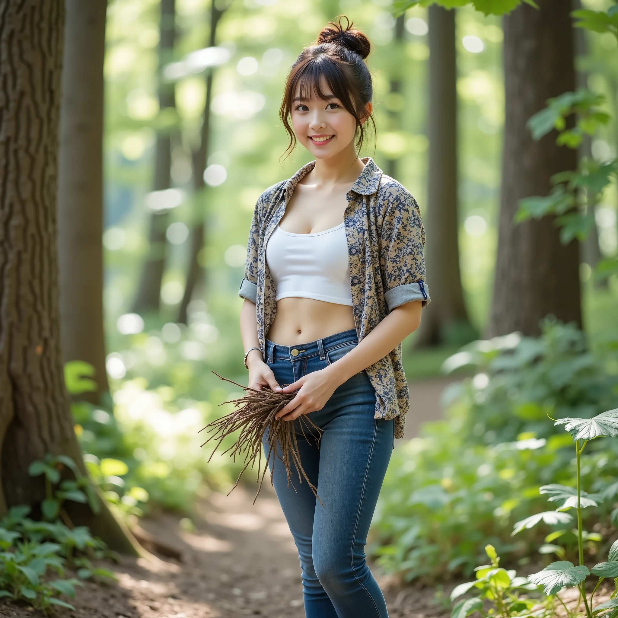 『 1 Japanese girl:1.3』『 REAL PHOTOS:1.3』 top quality:1.2、(( big breasts))、 I can see a little cleavage 、((young 20 year old woman ))、『 is showing teeth and laughing:1.9』、((( anatomically correct、 perfect anatomy in pool water、 anatomically correct指)))、 slender body, is present,  top quality,  ultra high resolution,  RAW Photo , (Curvy body)、 full body,Idol-like appearance and smile,The background is a forest, orbital space, and is wearing a patterned shirt over a white tank top,Underneath are jeans, brown hair is bundled , wearing trekking shoes ,Collecting firewood ,He is holding a bundle of twigs in front of his body 