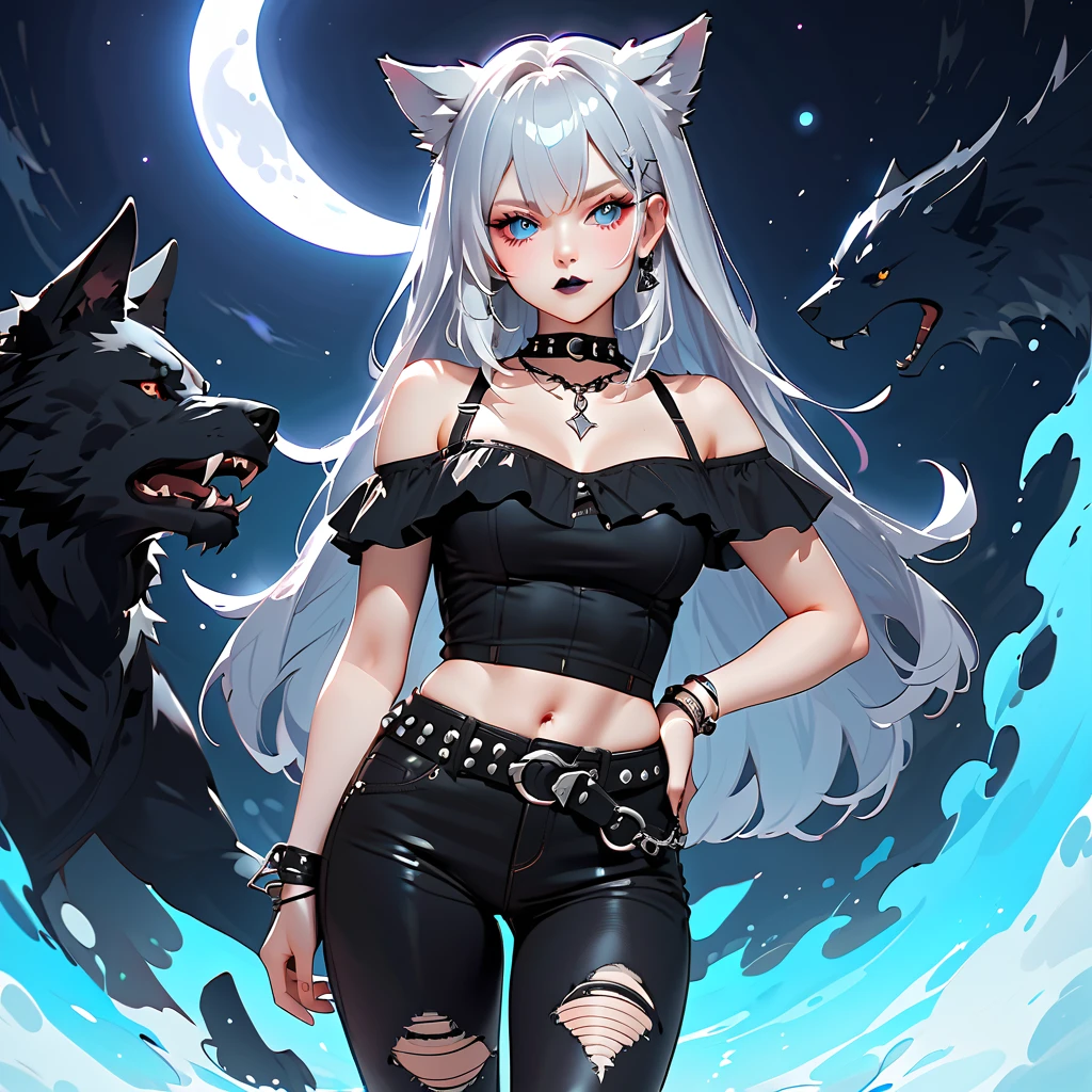 Fille, cheveux longs blanc, insolente, dents de requin, oreilles de loups, queue de requin, chemise noir, pantalon noir, fond blanc, detailed, souris, dents pointues, fronce, seule, moderne, pas contente, anger