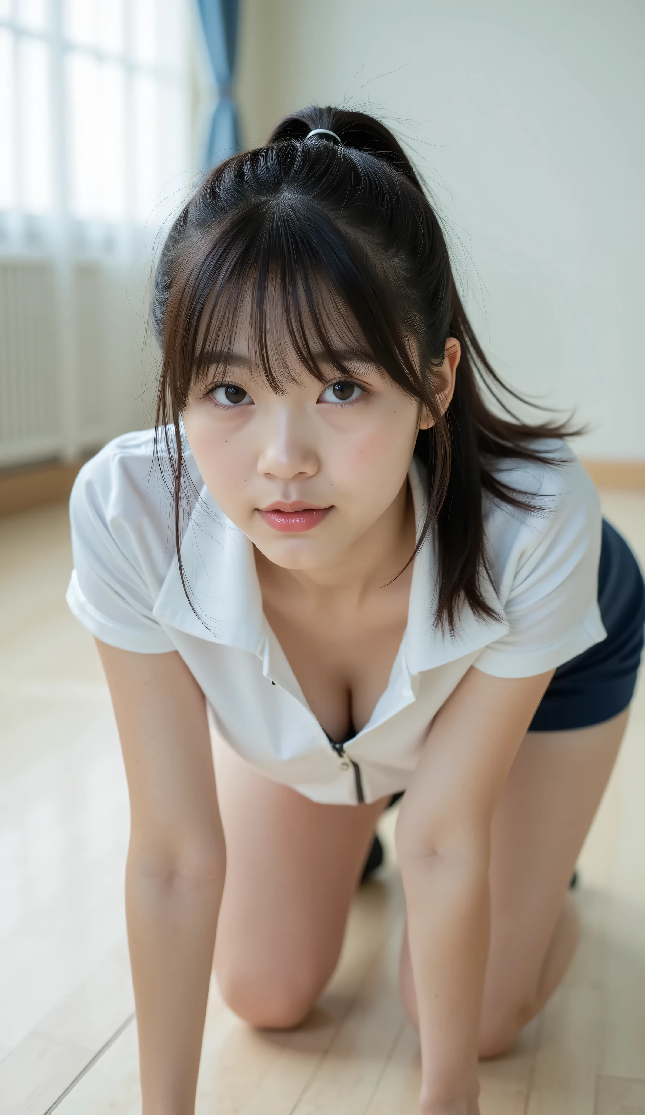 portrait photo , Masterpiece, nsfw,8k,focus on lip,front shot,shooting from below,( sensual on all fours pose on light color gym mat, immature body, flat chest, Wide pelvis, small ass lifted up high, toned thick legs ),( 13yoJapanese girl , 148 Height cm , pale skin), black hair, short straight ponytail with bangs,(Young Face, Round face, droopy eyes , hazel color eyes,Looks affectionate ),hand and elbow on gym mat, sucking her thumb,wearing white color sports shirt with collar, deep v-necked with zipper,large gap between shirt and chest,navy color sport shorts,leaning forward,85mm, Official AR RAW Photos ,( is present, ultra detail), top quality,Chromatic aberration anatomically accurate , textured skin