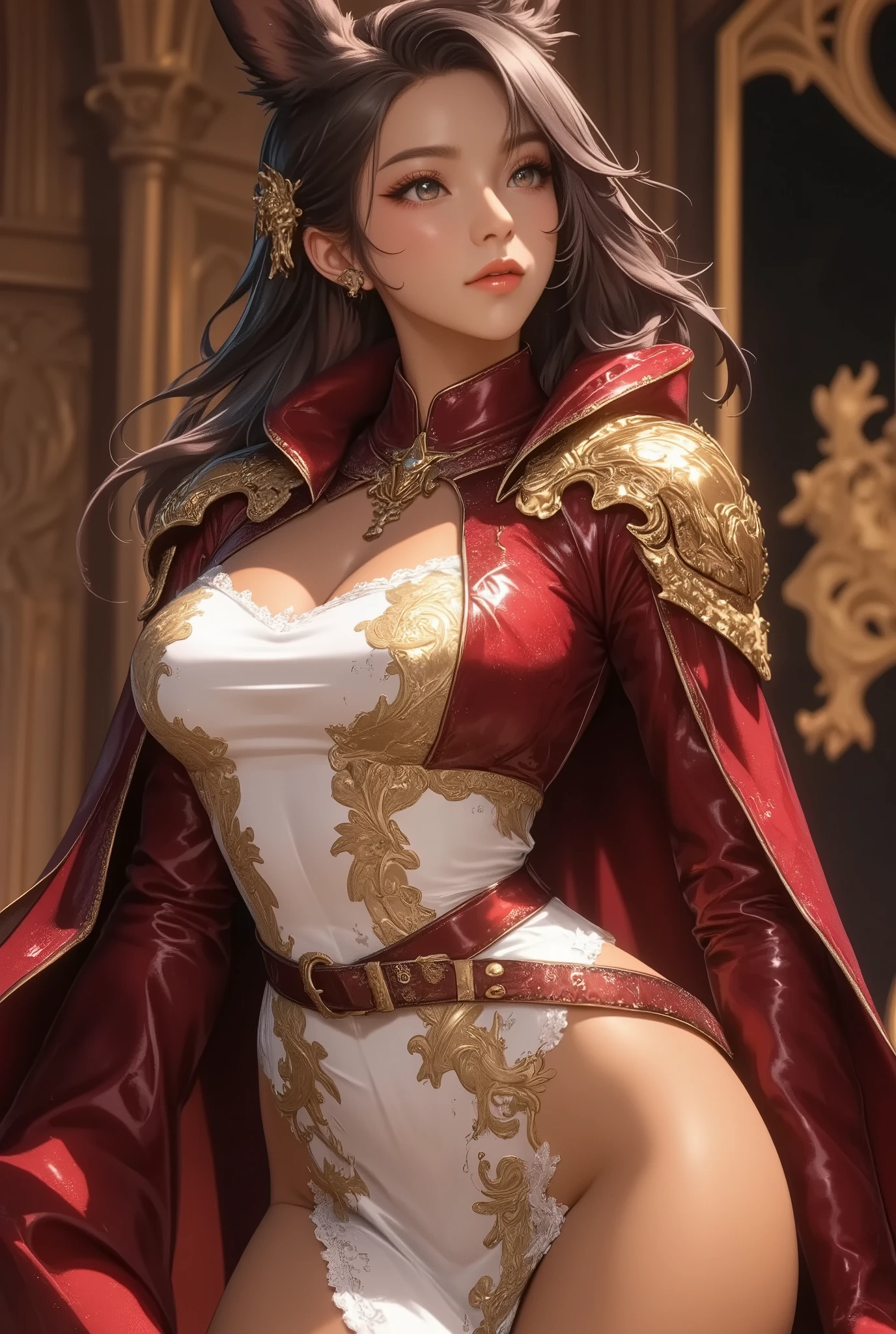 ((masterpiece))), ((highest quality))), ((Super detailed)), (Surreal), (Highly detailed CG illustrations), Cinematic Light, Realistic, Very beautiful young woman,sexy, light makeup, Exquisite Details EABA, Red Cape, gun