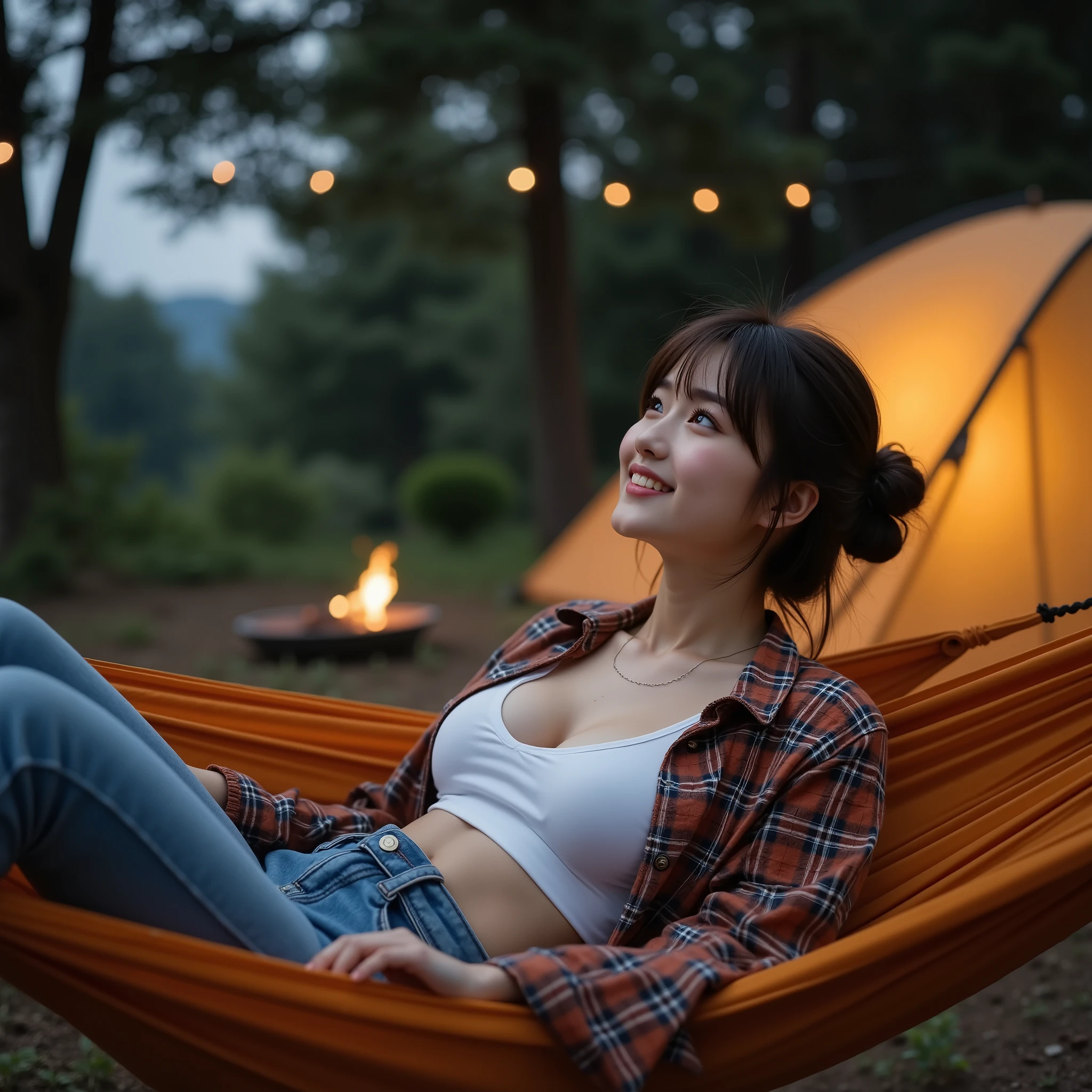 『 1 Japanese girl:1.3』『 REAL PHOTOS:1.3』 top quality:1.2、(( big breasts))、 I can see a little cleavage 、((young 20 year old woman ))、『 is showing teeth and laughing:1.9』、((( anatomically correct、 perfect anatomy in pool water、 anatomically correct指)))、 slender body, is present, top quality, ultra high resolution, RAW Photo , (Curvy body)、 full body,Idol-like appearance and smile, The background is a campsite ,at night, and is wearing a patterned shirt over a white tank top,Underneath are jeans, brown hair is bundled , lying in a hammock, wearing a blanket ,Lying down looking at the stars