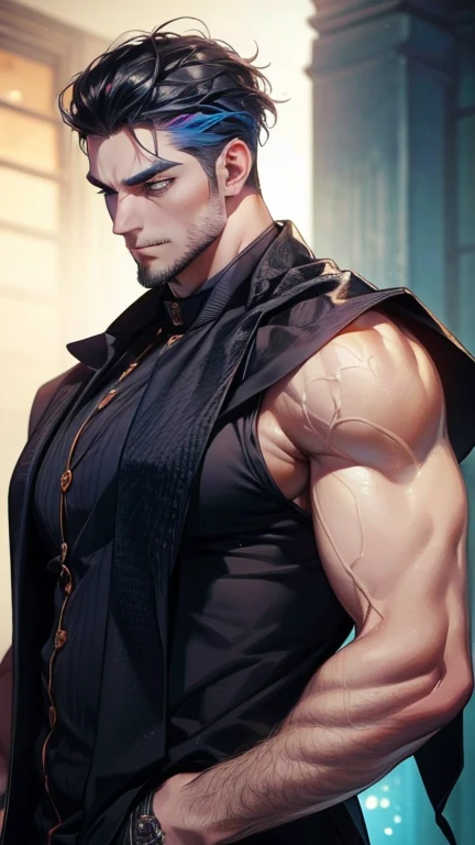 ((bestquality)), ((masterpiece)), (detailed), perfect face
Make a male character in the art style of the anime "Demon Slayer." Muscular, naturally white medium hair with some purple highlights, gray eyes, He has a well-groomed beard and a scar on his right eye, and he is a Hashira. He's 21 years old.
