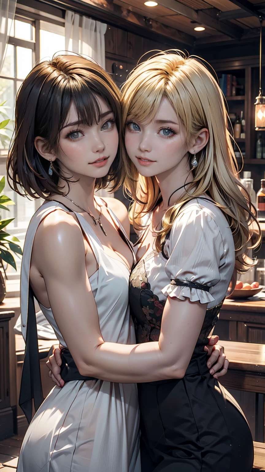 (best quality, 8k, highres, photorealistic:2.0), (two girls:2.0),(lighting: front),(lighting: strong),(ultimate beautiful girl:2.0),(shiny skin),(oily skin),(platinum blonde hair:1.5),Blush brown makeup , dark eye makeup , use pink glossy lipstick,(big eyes girl:1.5),(girl amazing sex appeal:1.5),(lesbian partner:1.5),(two people who love each other very much),(Two girls are looking at each other with smiles:2.0),(touch each other's bodies:1.5),(flirting boldly),(ultimate elegance),(ultimate erotic),(The sexual excitement of the two women is at its peak),(excited face),(Lesbian caresses:2.0),((sexy lingerie wear:1.5)),(lesbian sex)
