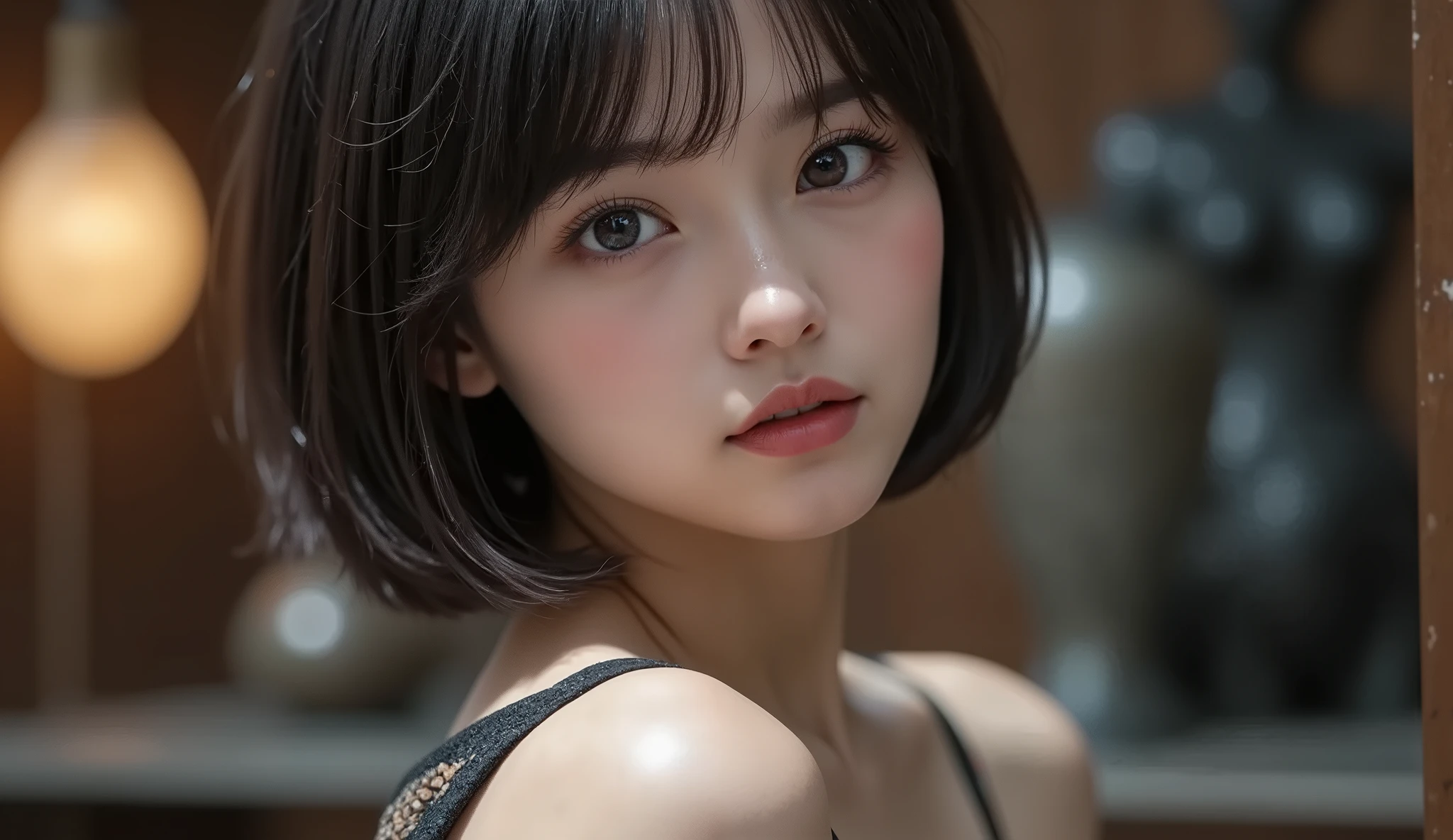 8k, ultra high resolution , top quality, Masterpiece,rule of thirds,golden ratio, surreal, photos, one woman,( girl:1.3), cute, cute顔, Beautiful Eyes in Every Detail , 細かく Details, mature woman, princess,Close UP,smile, black hair, shorthair,Bowl cut,ID photo,future, brutal cyberpunk woman, luxurious and beautiful ,(( overalls)), (( Oversized Hoodie)), very delicate expression , delicate eye description,, Healthy body shape, (( 1 female)), Height: 160cm, (( thin thighs)) ,( thin waist:1.4)、( Beautiful :1.4), pink lips, profile,((( ideal body shape))),Small bust, A cup :2,、 portrait:2、 perfect anatomy in pool water 、鮮明な Details、 Details, thin lips,Perfect and beautiful face ,完璧で cute顔, Meticulous Skin , Perfect Limbs 、 thin waist, surreal,Light and Dark, fashion magazine cover,glowing