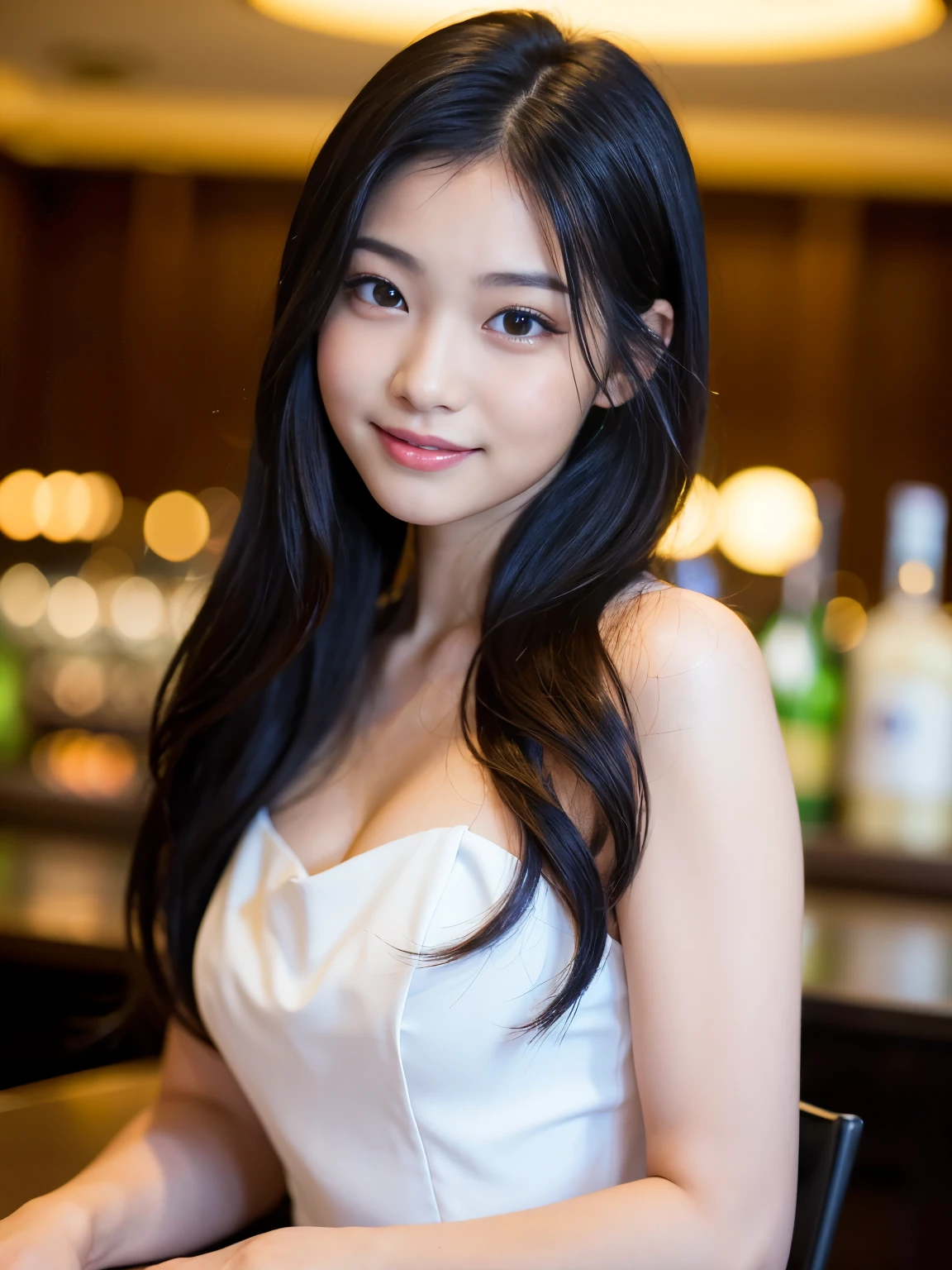 A 20-year-old woman with a very cute and youthful face, like a -yeld id　Smiling Kindly　(A white, see-through dress)　Small Bust　Cleavage　A crowded and stylish wine bar at night　Cinema lighting　(Natural light)　Artistic　High level of artistry　RAW Photos　Genuine　High quality that is indistinguishable from real life　Real Stick　High resolution