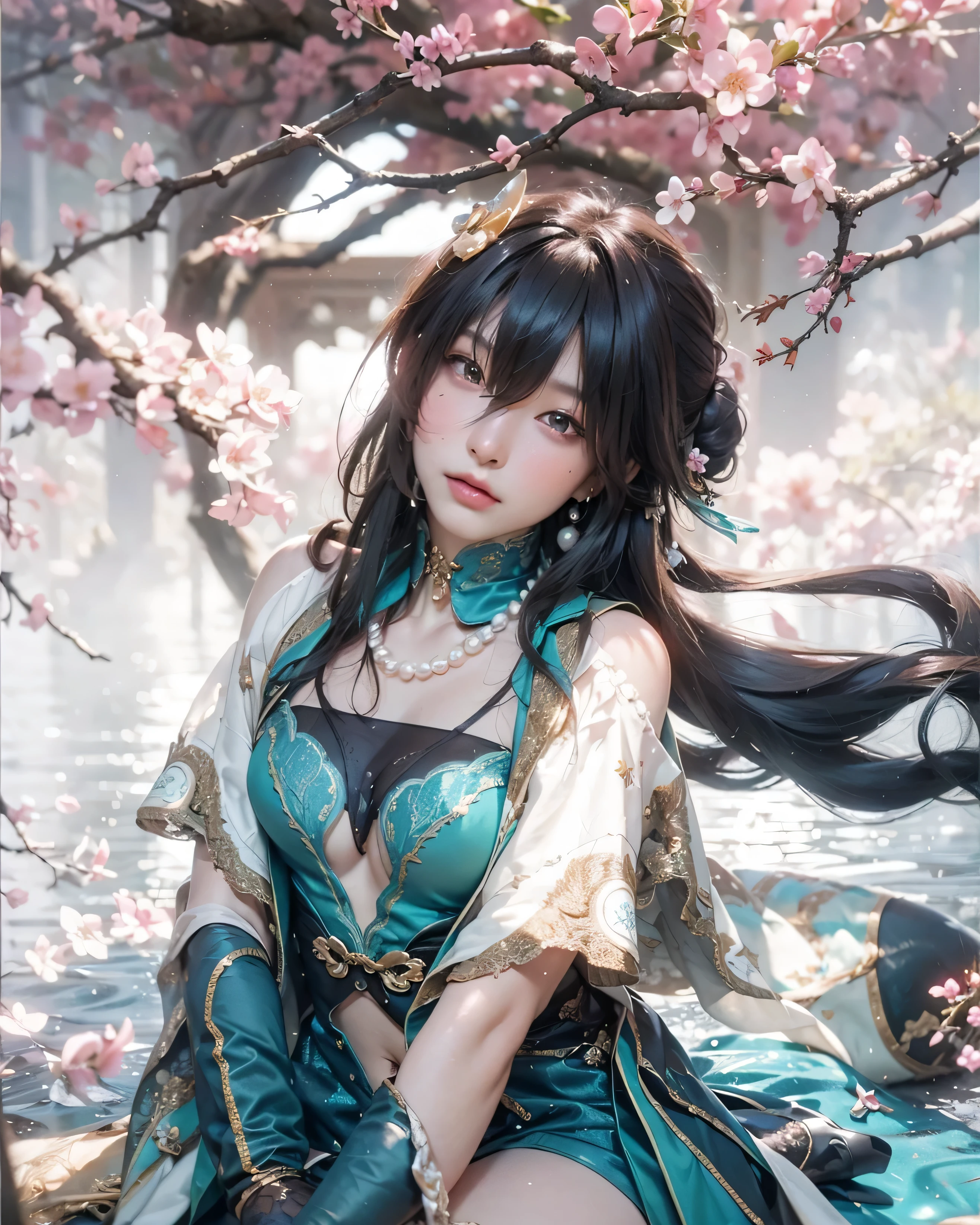 ((RUAN MEI_HONKAI STAR RAIL),((realistic, photorealistic)),(highlight hair)), Light reflection, (( HD )),((upper body)), (((best quality, masterpiece))), (masterpiece) (best quality) (detail) (8k) (HDR) (wallpaper) (cinematic lighting) (sharp focuasterpiece, best quality: 1.1), Real life adaption of this character, Asian beauty face, Shining Purple eyes, realistic outfit, realistic shadow, realistic light, realism, hyper realistic, realistic background,(photorealistic:1.2), 1girl, ruan mei \(honkai: star rail\), solo, china dress, green gloves, hair ornament, detached collar, necklace, thigh strap, carpet, lying, bed sheet, looking at viewer, facing away, blush, parted lips, hands up score_9, score_8_up, score_7_upscore_9, score_8_up, score_7_up, source_anime, ruan mei, black hair, aqua eyes, long hair, hair bun, single hair bun, sidelocks, streaked hair, hair between eyes, chinese clothes, pearl earrings, pearl necklace, thigh strap, bare shoulders, covered navel, aqua collar, jewelry, detached sleeves, sleeveless, sleeveless dress, clothing cutout, hair ornament, dress, elbow gloves, gloves, aqua dress, aqua footwear, aqua gloves, hairpin, high heels, garden laboratory, working on scientific experiments, surrounded by sakura trees in full bloom, cowboy shot, dutch angle, hand on shoulder, elbow out Cherry blossoms are flying,Reflection water, cherry blossoms falling in the water, floating hair,