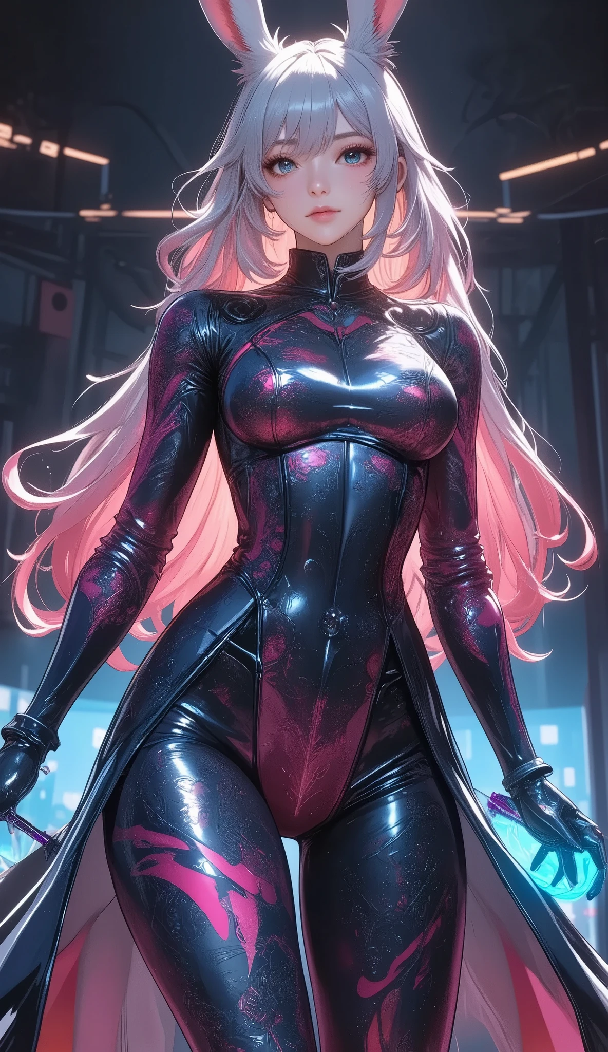 Carefully draw the face　High-quality faces in anime style　Shiny black full body suit　Black High Heels　Red lines all over the body　a blond　huge tit　Big ass　Whip thighs　seductiv　a smile　succubus　Rear view