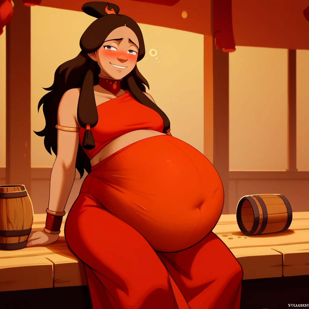 score_9, score_8_up, score_7_up, score_6_up, score_5_up, score_4_up, rating_questionable, KataraFire,   sexy pose, ((belly stuffed)), ((huge belly)), ((Very drunk)), ((staggers)), (tight red clothes) ,dark skin, shy smile