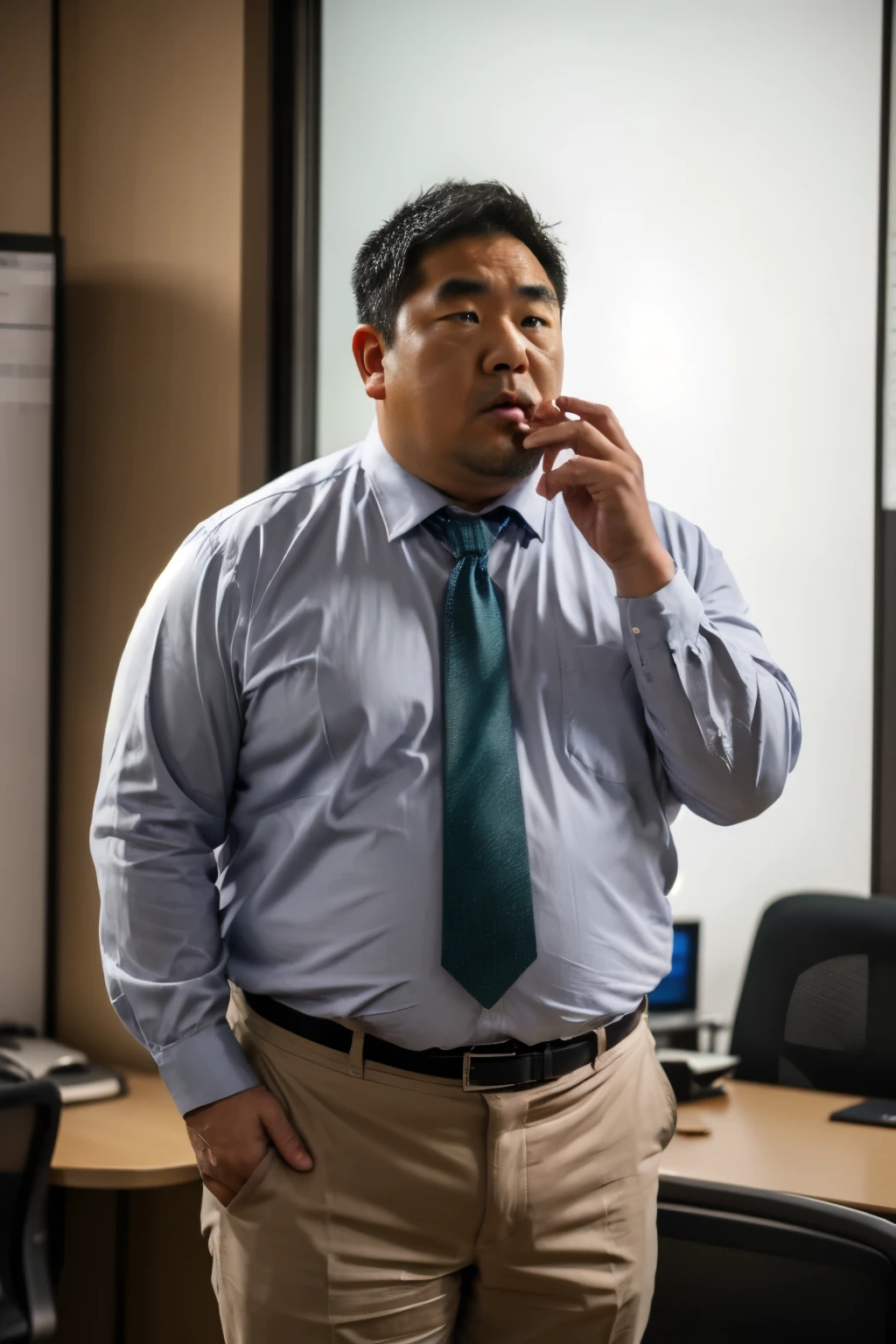 A slightly overweight 30-year-old Japanese man., A Japanese man wearing a white business shirt is standing, Grey trousers, Medium length hair, Natural Hair, He is looking at the audience, Round face:2, thighs, Mouth details, At the office at night , Coffee Break , very detailed, anatomically accurate, This photo was taken with a medium telephoto lens , Dark warehouse at night, green, She wears a silver ring on her left ring finger., He has his mouth slightly open, Orgasm Facial , Erotic Humiliation, glass,