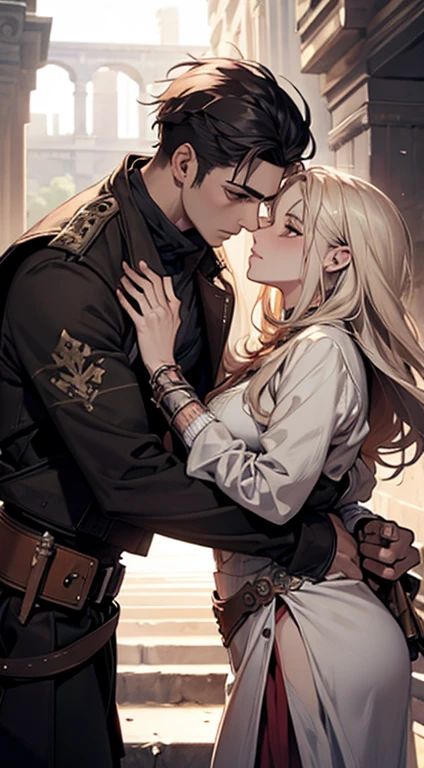 High quality realistic Anime style, beautiful, masterpiece, medieval adventure clothes, shirt and leather pants, black long socks with a garter belt , black hair with a few golden streaks, yellow eyes