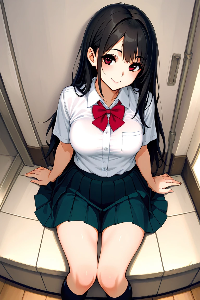 ((highest quality、Masterpiece、High resolution))、(((Photographed from the crotch up、Cute Smile、blush、Cleavage、high school girl、shirt、skirt、black tights)))