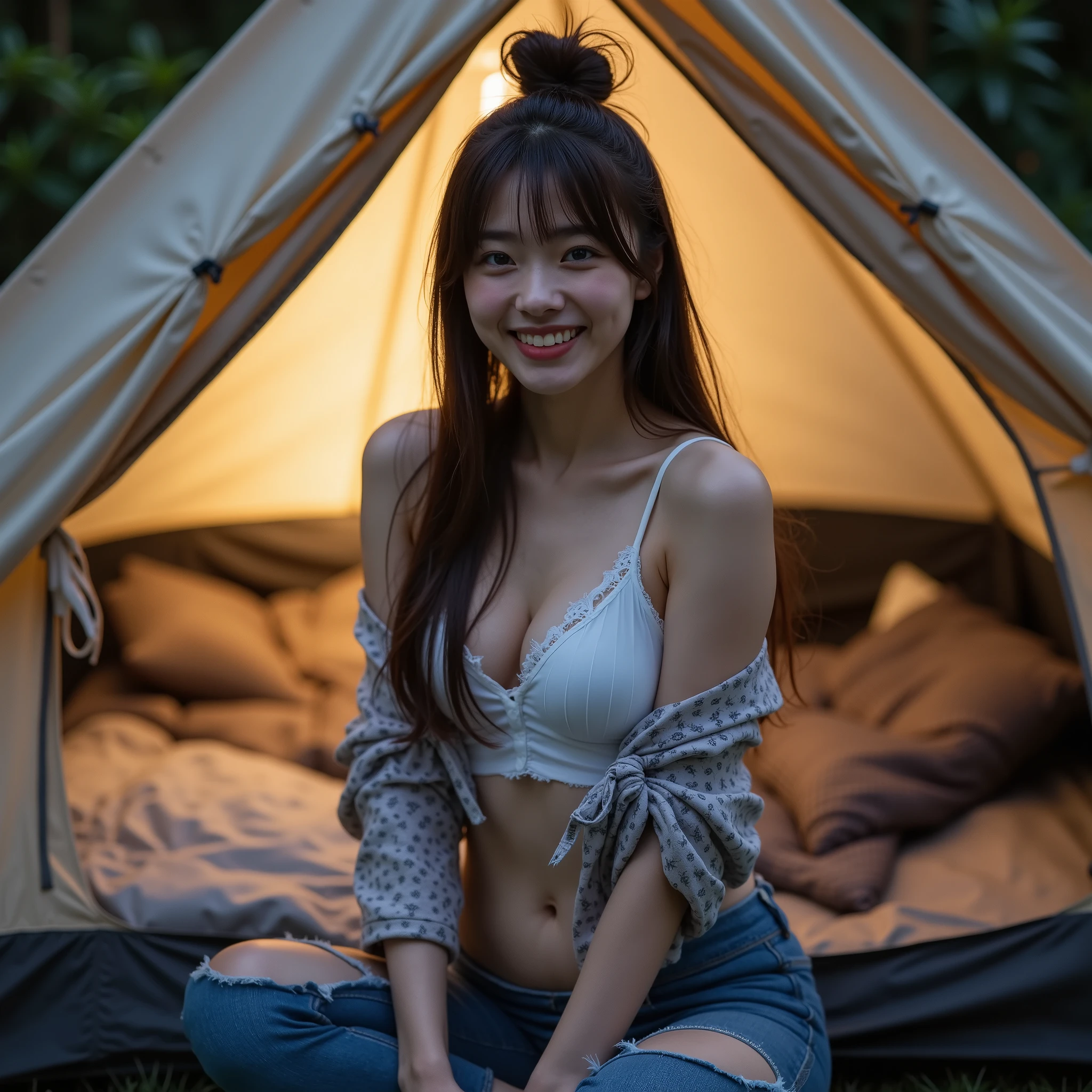 (((night landscape)))、Beautiful starry sky、in mountains、in woods、Winters、Lots of tents、girl with、Sit in front of the bonfire、stainless steel mug、teepee、plein air、front open down jacket、Wearing a sweatshirt、Knitted Cap、a miniskirt、Line Socks、Trekking Shoes、 The table、(Colossal tits)、Steam from a mug、Grinning、Wavy bob hair、hight resolution、high-level image quality、in 8K、Real live-action、Raw photography、top-quality、masterpiece、masutepiece、Erotic,de pele branca,kne, absurderes,a small face、masterpiece,top-quality、超A high resolution,Raw photo,ren,Beautiful fece,One Person, 独奏,fullllbody、Very nice、A Japanese Lady,(Photorealsitic:1.4)、Photon mapping、Realistic、Pretty Woman、Physically Based Rendering、Foreground、depth of field rally background、 nosesoft, Sparkling eyes、shiny lip、((shirts lift))、((grabbing clothing))、lace bra