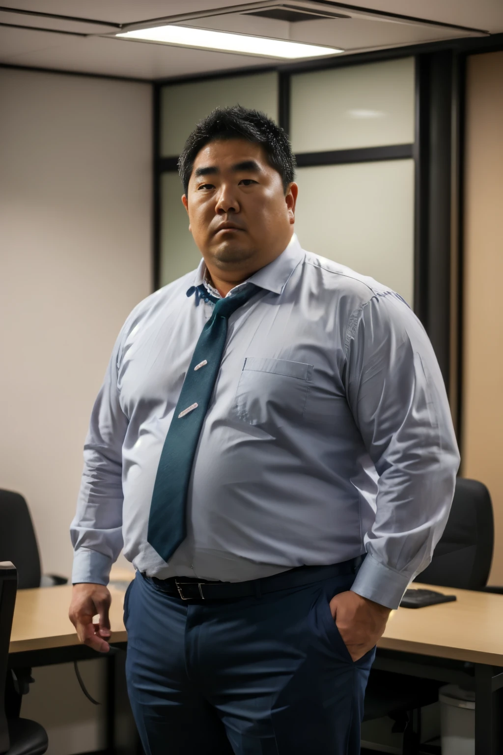 A slightly overweight 30-year-old Japanese man., A Japanese man wearing a white business shirt is standing, Grey trousers, Medium length hair, Natural Hair, He is looking at the audience, Round face:2, thighs, Mouth details, At the office at night , Coffee Break , very detailed, anatomically accurate, This photo was taken with a medium telephoto lens , Dark warehouse at night, green, She wears a silver ring on her left ring finger., He has his mouth slightly open, Orgasm Facial , Erotic Humiliation, glass,
