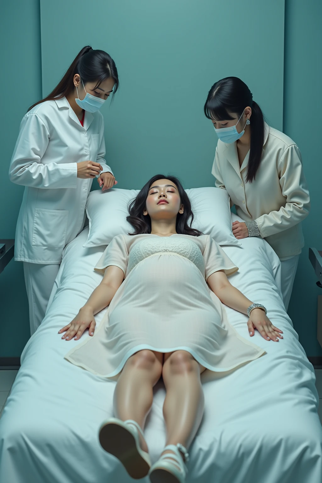 (give a score of 9_give a score of 8_give a score of 7)
Masterpiece, highest quality, best quality, view from top down, purple background,
In a hospital, a pregnant woman, about 38 years old, 9 months pregnant, wore a surgical cap, had a pained look on her face, frowned, eyes closed, unconscious, lying on the operating table, lying on her back, arms outstretched., Spread your arms, on the operating table, in the operating room, with a blanket covering her slender legs, big breasts, cover your breasts, cover your legs, expose your stomach, Sleep with your legs wide open, show your belly completely, navel is visible, belly is visible. of her who is pregnant, look at the picture explaining the situation while waiting to give birth,