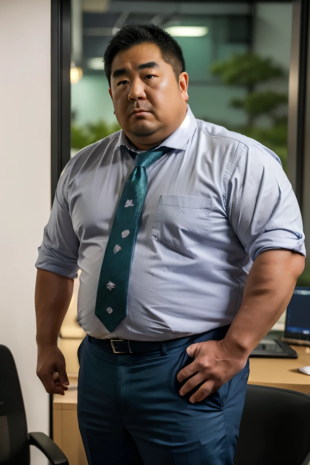 A slightly overweight 30-year-old Japanese man., A Japanese man wearing a white business shirt is standing, Grey trousers, Medium length hair, Natural Hair, He is looking at the audience, Round face:2, thighs, Mouth details, At the office at night , Coffee Break , very detailed, anatomically accurate, This photo was taken with a medium telephoto lens , Dark warehouse at night, green, She wears a silver ring on her left ring finger., He has his mouth slightly open, Orgasm Facial , Erotic Humiliation, glass,