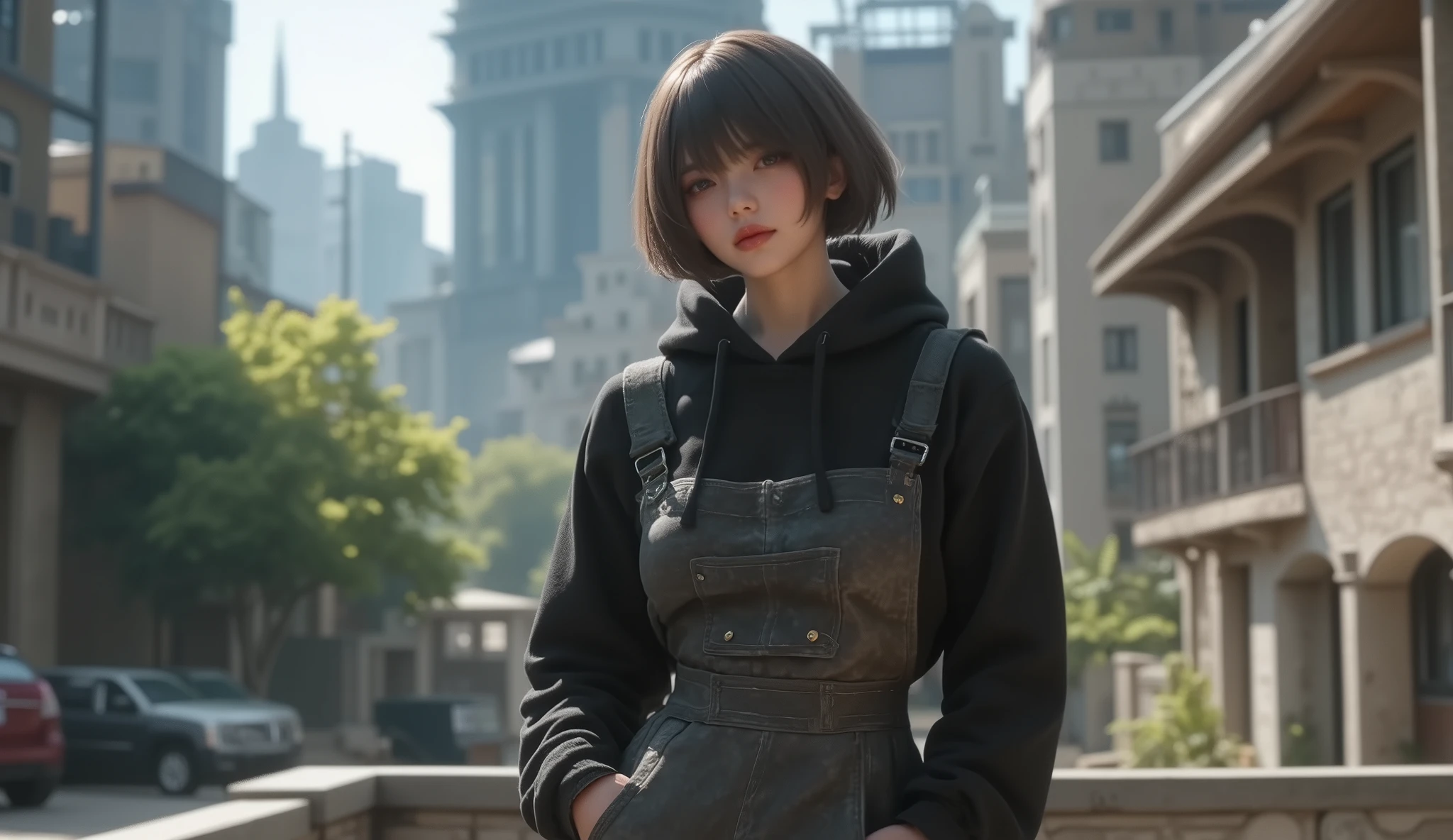 8k, ultra high resolution , top quality, Masterpiece,rule of thirds,golden ratio, surreal, photos, one woman,( girl:1.3), cute, cute顔, Beautiful Eyes in Every Detail , 細かく Details, mature woman, princess,Close UP,smile, black hair, shorthair,Bowl cut,ID photo,future, brutal cyberpunk woman, luxurious and beautiful ,(( overalls)), (( Oversized Hoodie)), very delicate expression , delicate eye description,, Healthy body shape, (( 1 female)), Height: 160cm, (( thin thighs)) ,( thin waist:1.4)、( Beautiful :1.4), pink lips, profile,((( ideal body shape))),Small bust, A cup :2,、 portrait:2、 perfect anatomy in pool water 、鮮明な Details、 Details, thin lips,Perfect and beautiful face ,完璧で cute顔, Meticulous Skin , Perfect Limbs 、 thin waist, surreal,Light and Dark, fashion magazine cover,glowing