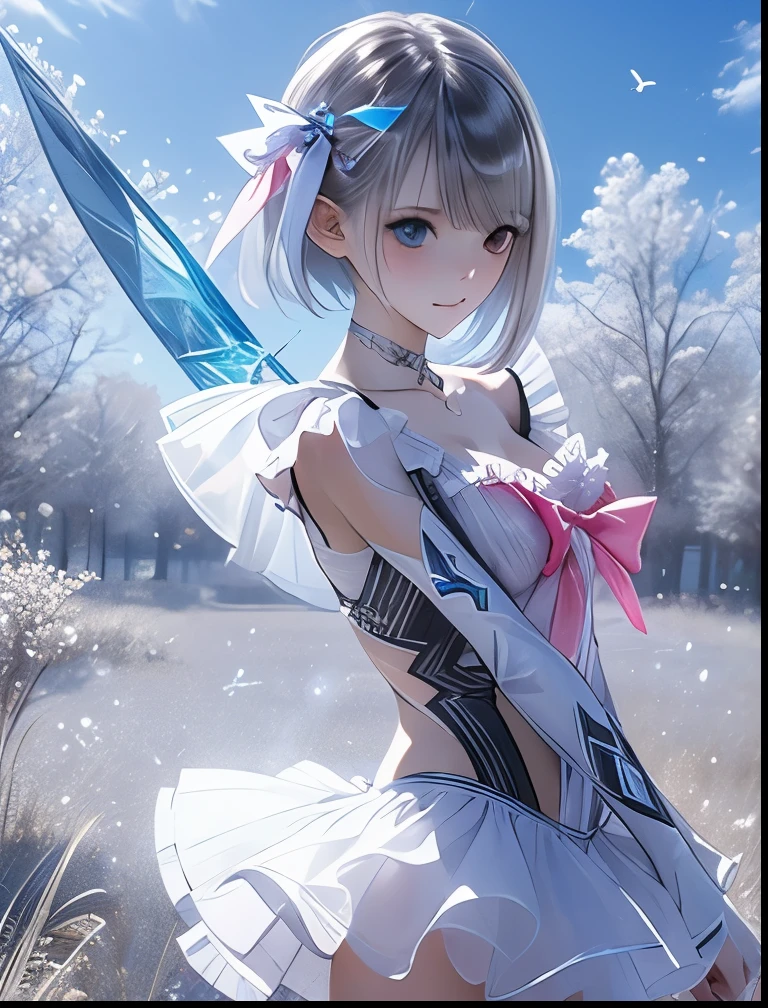 (((SFW、Accuracy、Highest quality、 A first-class masterpiece 、 Normal body 、32K、 detailed face 、 super precision 、 Normal Hands 、5 fingers、Highest、3d)))、" BLUEREFLECTION"、Hinako Shirai、 hinako、 Silver Hair、 bob cut、Heterochromia(Blue and Black)、Transformation Magical Girl、 short、Big Breasts、 slender、 slim、 Ultra Thin Transparent Nipples Sheer White Ballet Clothes、transparent ultra-thin sheer white miniskirt、Crystal Sword
