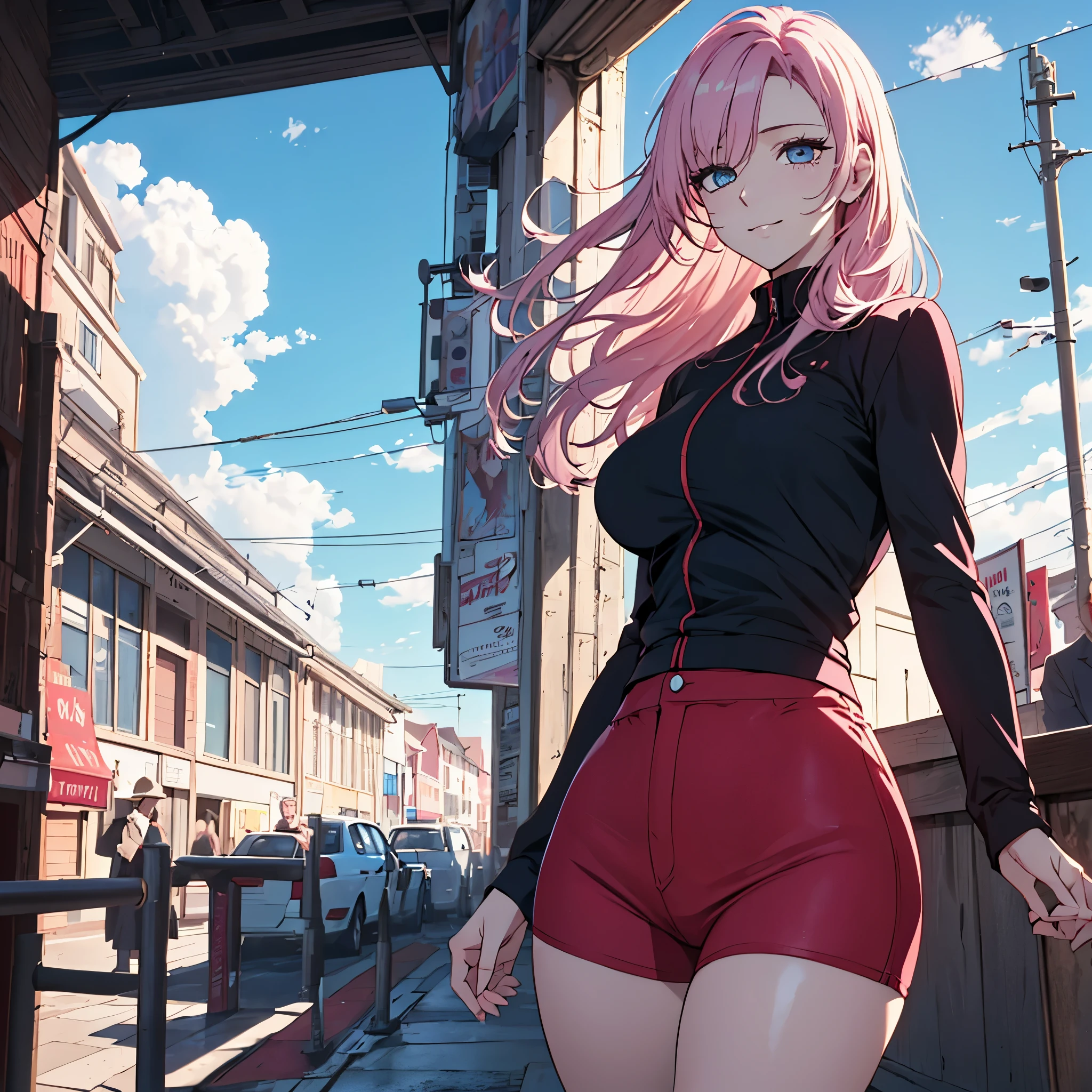 ((masterpiece,best quality)), highres, , extremely detailed 8K wallpaper, depth_of_field, best shadow, (Colorful),(Delicate eyes and face), nice hand, Perfect hands, (no lighting), Ray tracing, (1girl), long hair, (pale pink hair), dark blue eyes, very big breasts, confident smile, calmed, town, sky, clouds, Cowboy Shots and knee, sharp eyes, black jacket long sleeves,, tight red shorts, red socks, black shoes, (solo), wide hips, centered, (thick thights), hand on hip, solo, solo, solo, flirty,