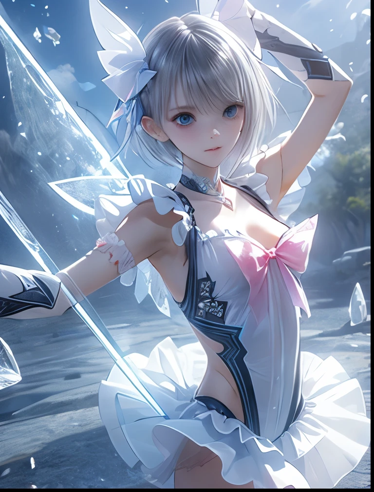 (((SFW、Accuracy、Highest quality、 A first-class masterpiece 、 Normal body 、32K、 detailed face 、 super precision 、 Normal Hands 、5 fingers、Highest、3d)))、" BLUEREFLECTION"、Hinako Shirai、 hinako、Silver-white hair、 bob cut、Heterochromia(Blue and Black)、Transformation Magical Girl、 short、Big Breasts、 slender、 slim、 Ultra Thin Transparent Nipples Sheer White Ballet Clothes、transparent ultra-thin sheer white miniskirt、Crystal Sword 、Sword Dance