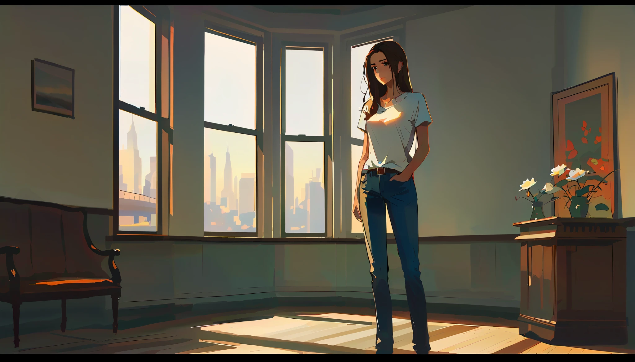 A woman standing alone in an empty room, with long brown hair, dark eyes, narrow eyes, a white T-shirt and jeans, and a single small flower in a bay window.