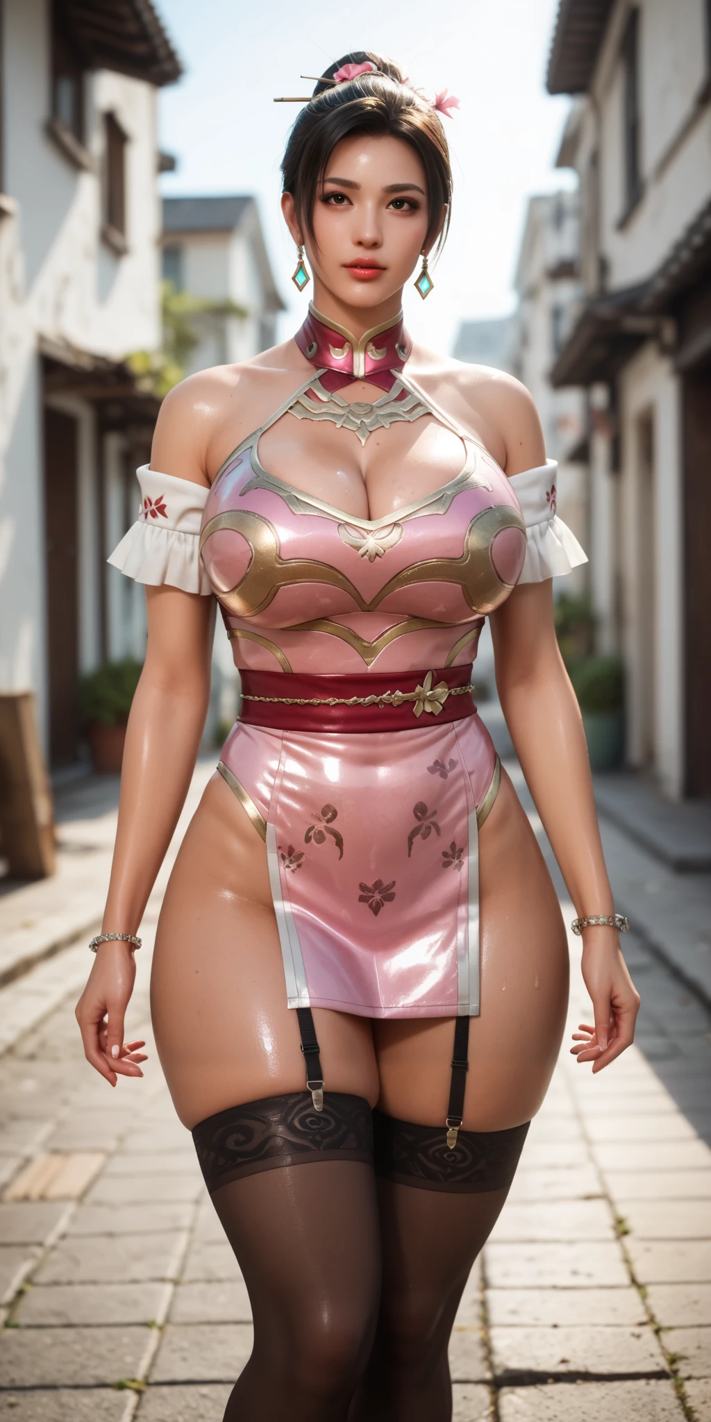 Nsfw, Score_9, Score_8_up, Score_7_up, Score_6_up, Score_5_up, Score_4_up, Tag1, Tag2, Quality_masterpiece, Absurd res, Anatomically correct, Beautiful face, Perfect face, Highly detailed beautiful face and eyes, Attractive face, Detailed face, Delicate facial features,black hair, Detailed skin, oiled skin body, thick Cleavage, Gigantic fake breasts:1.3, Thick thighs BREAK Solo focus, characters from dynasty warriors origins, Red pink shiny armor gear form overwatch, Standing,Thighhighs, Skindentation