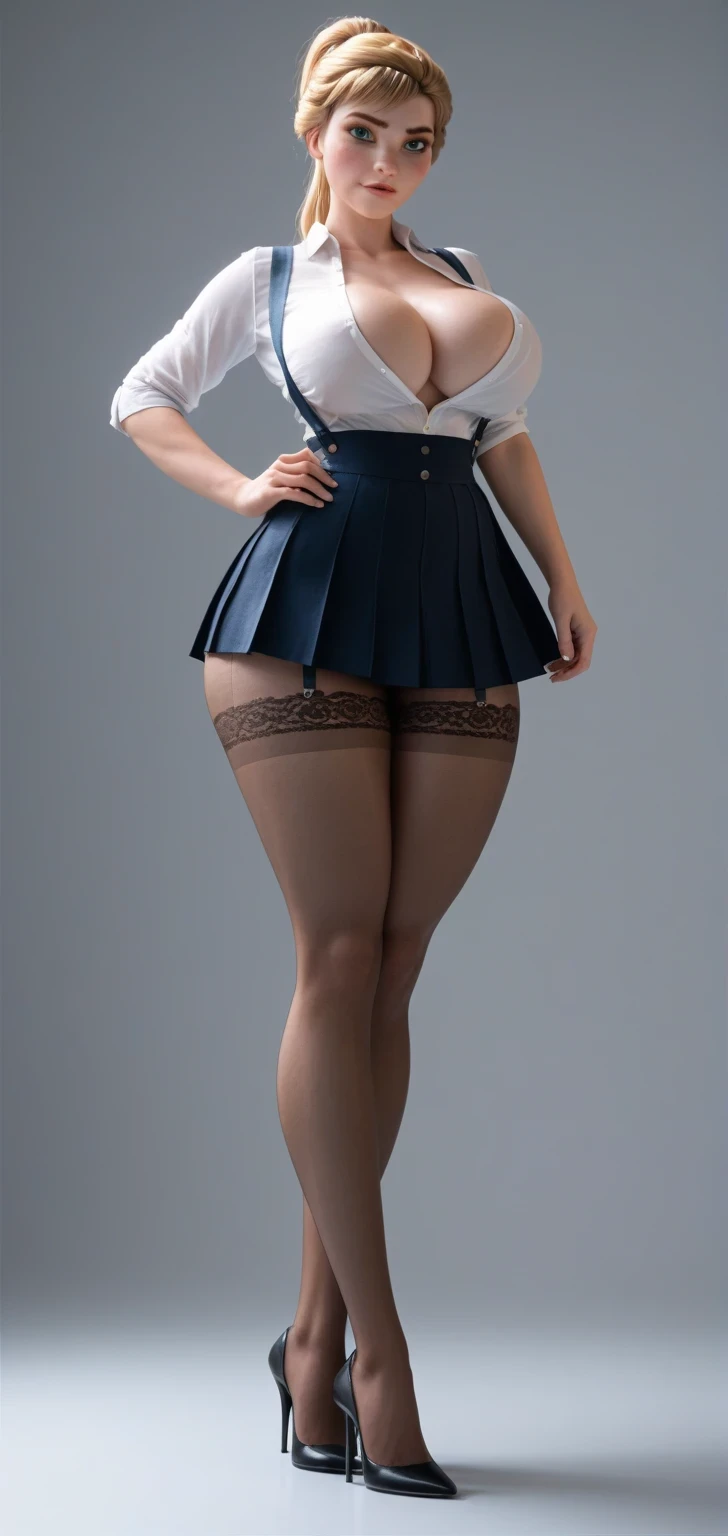 score_9, score_8_up, score_7_up, score_6_up, score_5_up, score_4_up, anna from frozen, 1 , ponytail, blonde hair, perfect petite body, sensual, sexy, provocative, very Gargantuan sized butt, big ass, huge boobs, standing seducing, suspenders pleated skirt in pantyhose, very thick thighs, wide hips, full body shot, full shot, strappy_heels, unbuttoned lace translucent blouse, dinámic poses, RAW, showing big butt look at the viewer over shoulder, dinámic poses , huge breasts
