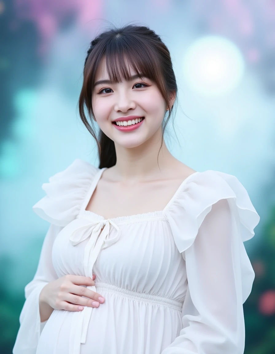 (Highest quality、masterpiece、8k、Best image quality、Award-winning works)、1. Princess、(最も贅沢なHighest qualityの巨大なティアラ:1.2)、(The ultimate tiara with a huge jewel:1.1)、(Huge Jewelry Top End Necklace:1.1)、(最も贅沢なHighest qualityの巨大なネックレス:1.2)、Walk in the park、(pregnancy:1.1)、(alone:1.1)、cowboy shot, (1 photo:1.1)、Cleavage、Open the chest、Large Breasts、Elegant maternity wear、See-through maternity wear、Lace ornament、Perfect Makeup、thin、The biggest smile is looking at me、Standing full body photo、(Perfect Anatomy:1.2)、Cherry blossoms in full bloom are blurred in the background,、big grass park、Refreshing atmosphere、very bright and vivid、Beautiful eyes in ultra-high resolution、Ultra high resolution perfect beautiful teeth、Ultra-high definition beauty face、Ultra HD beautiful hair、Perfect teeth alignment