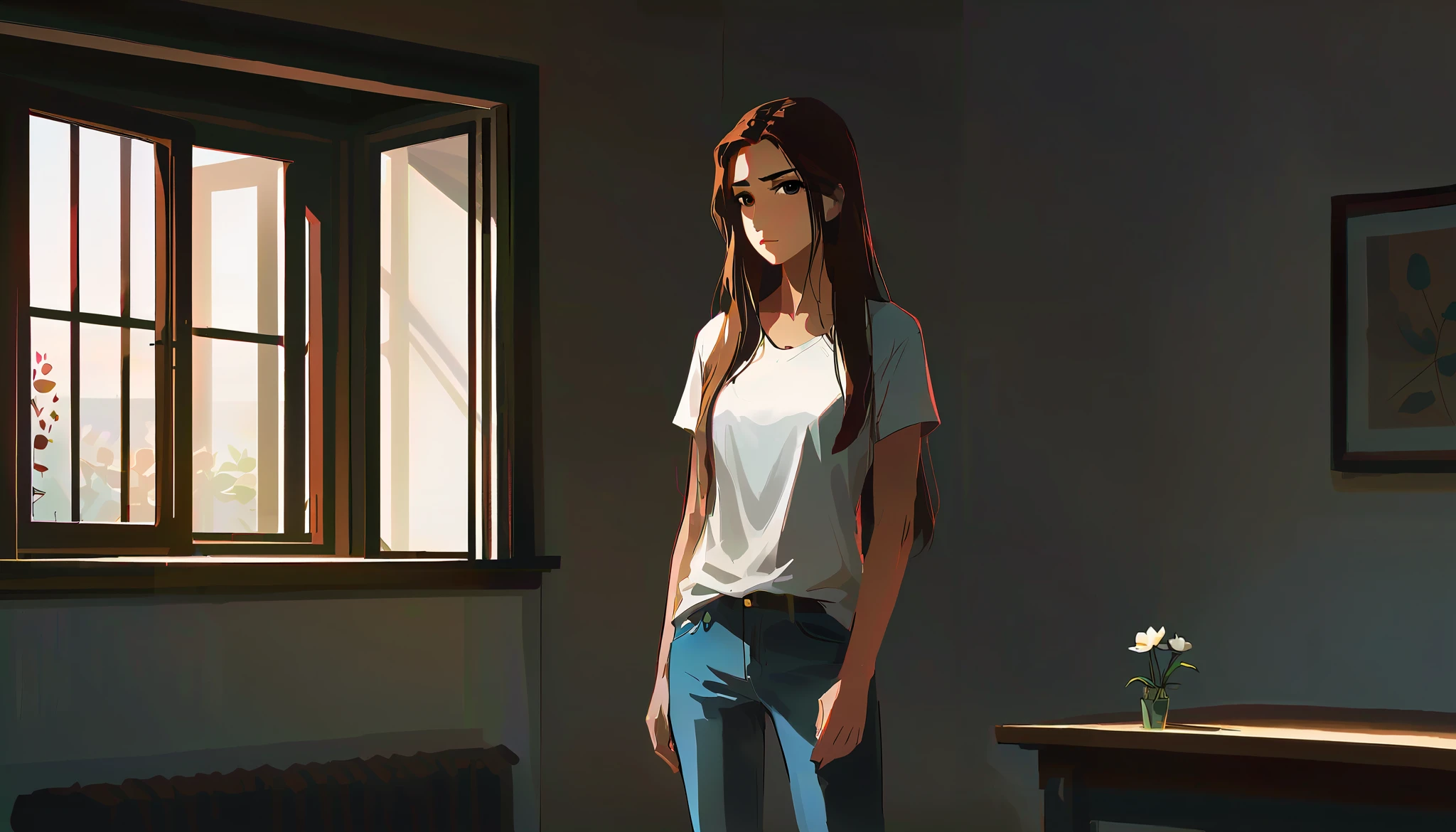 A woman standing alone in an empty room, with long brown hair, dark eyes, narrow eyes, a white T-shirt and jeans, and a single small flower in a bay window.