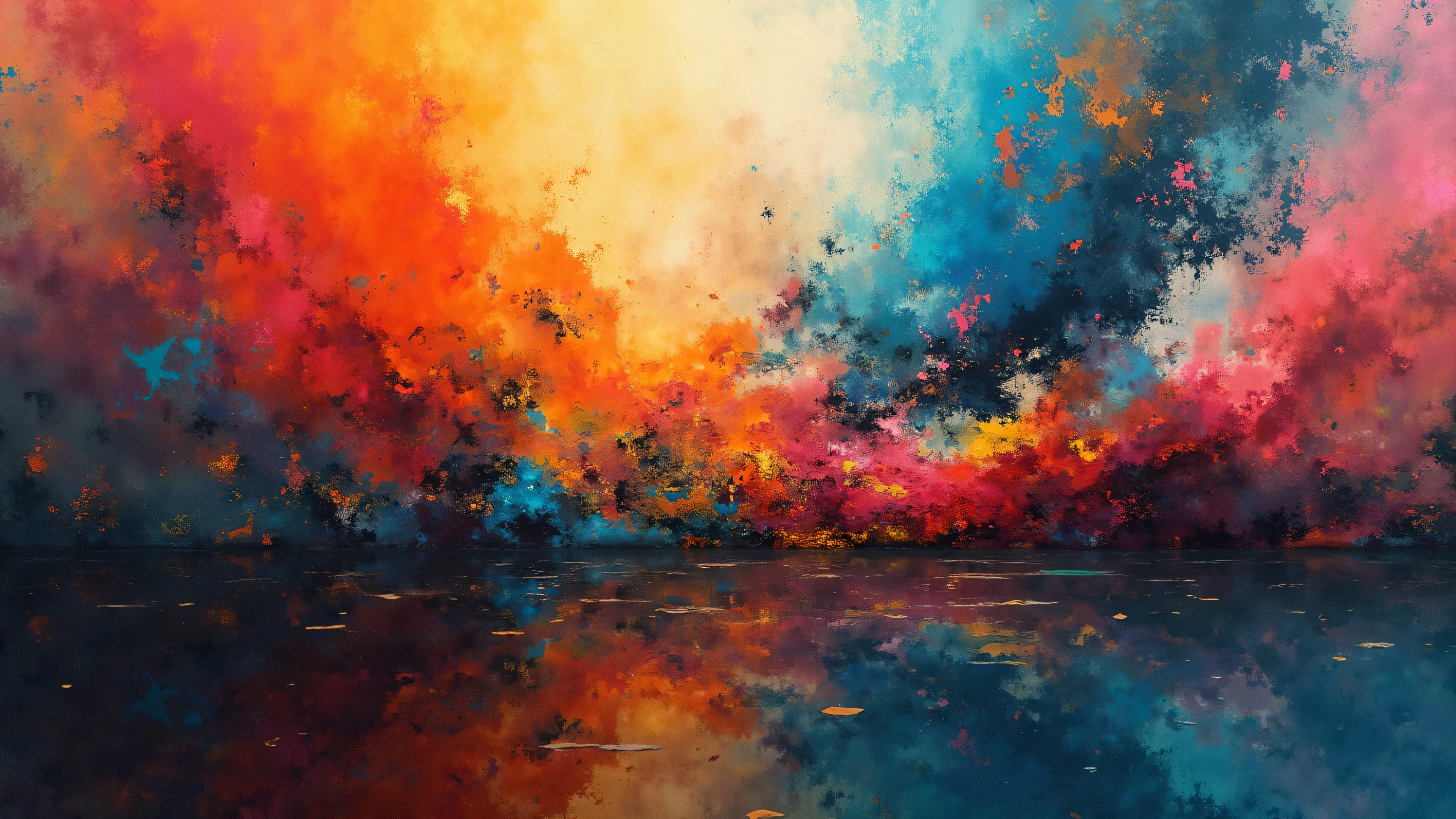 A vibrant abstract expressionist artwork featuring dynamic, bold strokes and splashes of bright colors like red, blue, orange, and yellow. The painting should have a sense of explosive energy and movement, with the colors radiating outward from a central point, creating a burst of vibrant hues. The composition should evoke a feeling of controlled chaos, with the interplay of colors and forms capturing the spontaneity and emotion characteristic of action painting.