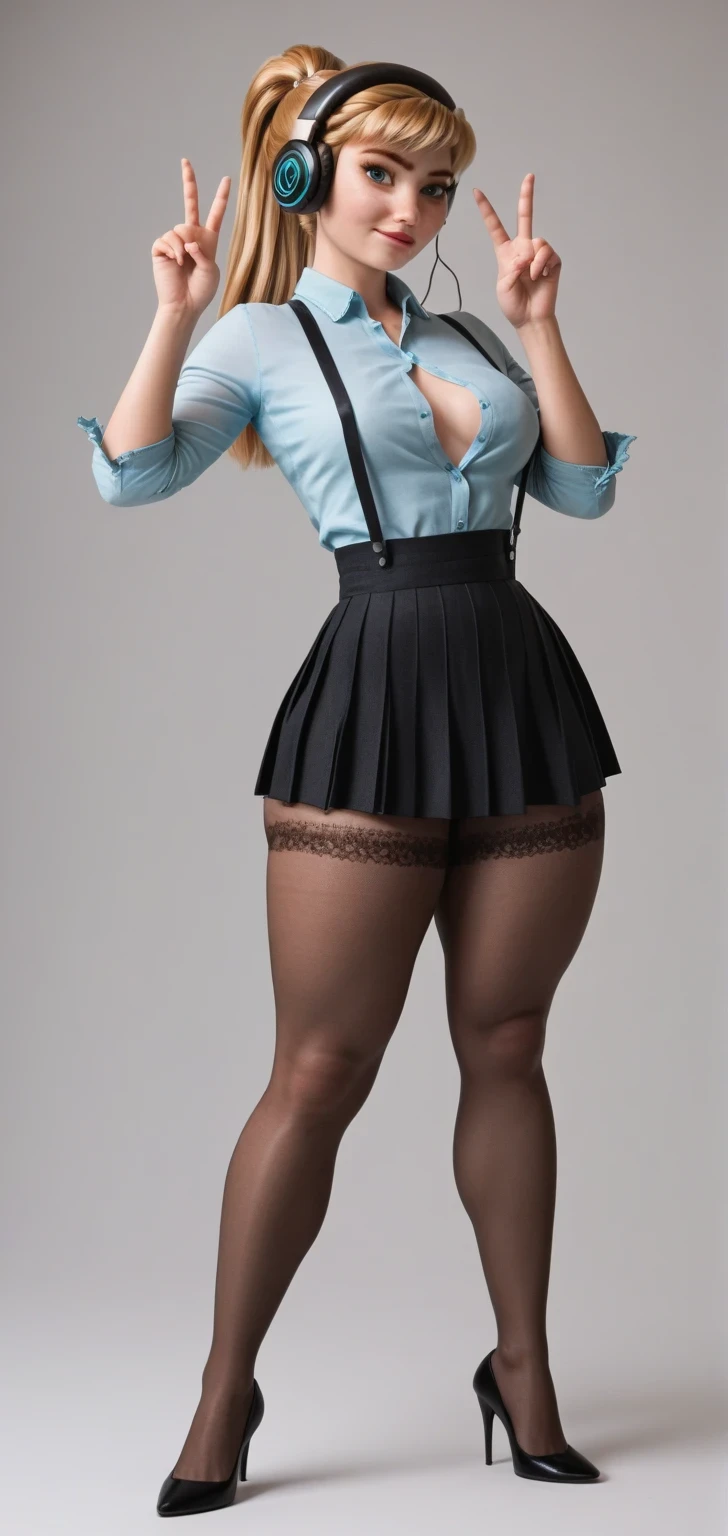 score_9, score_8_up, score_7_up, score_6_up, score_5_up, score_4_up, anna from frozen, 1 tween, ponytail, blonde hair, perfect petite body, sensual, sexy, provocative, very Gargantuan sized butt, big ass, huge boobs, standing seducing, headphones, peace sign, selfie, suspenders pleated skirt in pantyhose, very thick thighs, wide hips, full body shot, full shot, strappy_heels, unbuttoned lace translucent blouse, dinámic poses, RAW, showing big butt look at the viewer over shoulder, dinámic poses