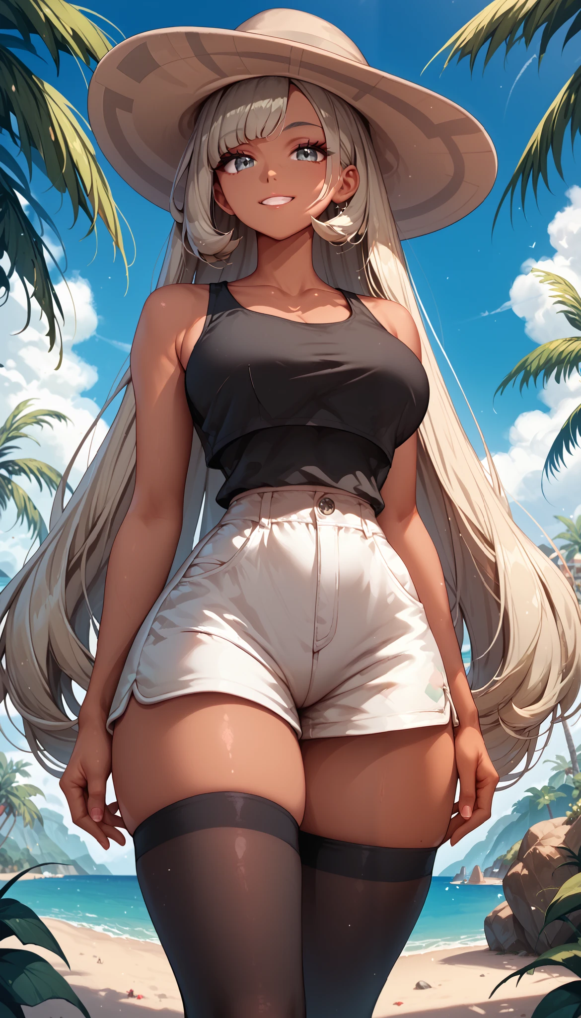 Solo, 1girl, large breasts, small waist, small hips, thick thighs, pokemonselene, platinum blonde hair, grey eyes, floorh4ir, absurdly long hair, straight hair, long bangs, bangs, outdoors, tropical beach, city boulevard, sunny, skinny, collarbone, white shorts, black shirt, sleeveless, black thighhighs, gray loafers, (beige fedora), ((black_striped fedora)), ((dark skin)), long top, cowboy shot, skindentation, slight smile, Mini-giantess, low angle