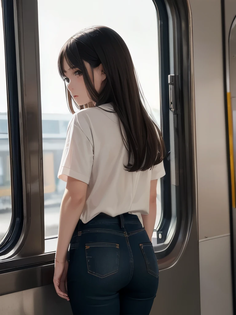 1girl, 20 years old, dark brown hair, brown eyes, shirt, black denim pants, standing in a train, standing near a window, cute, absurdres, high res, ultrasharp, 8K, masterpiece, looking at the camera, from behind