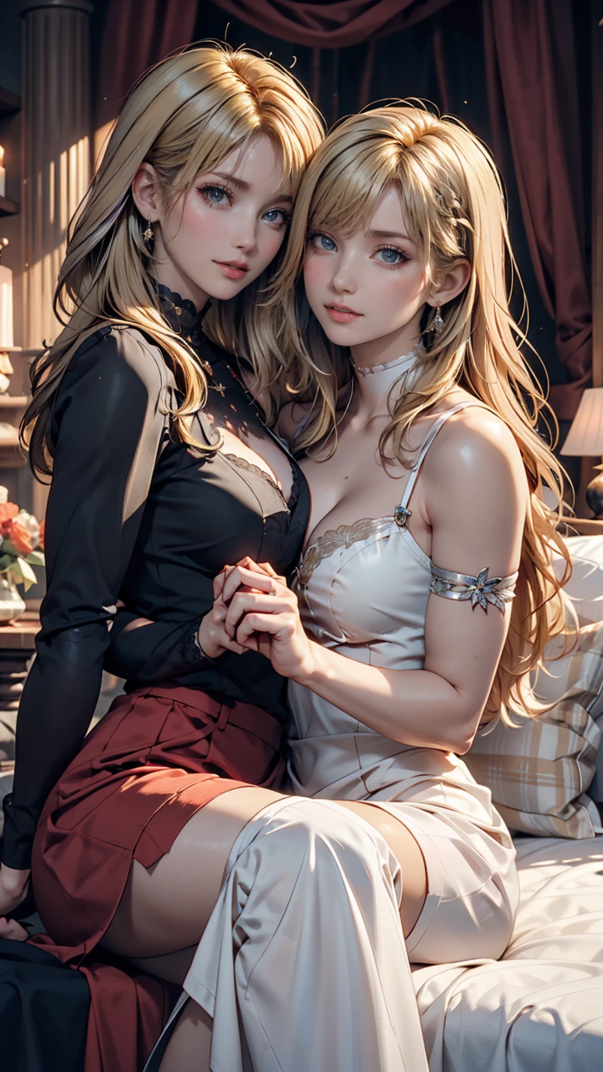 in the room, Two Girls.  look at the camera together. Sexy outfits. Big boobs.