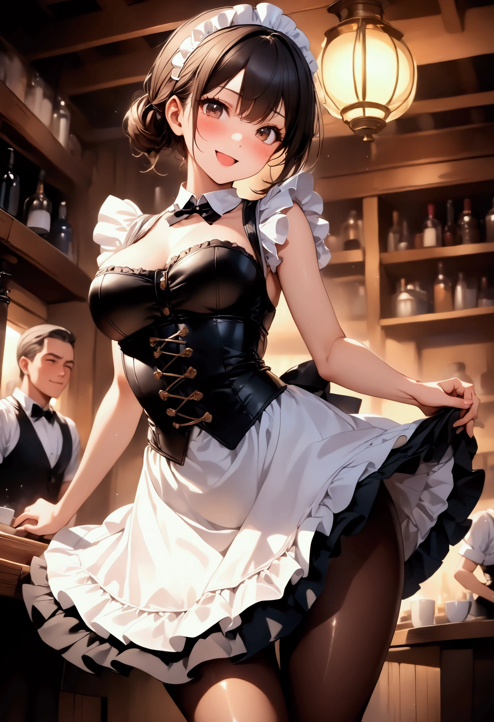 (masterpiece), woman,Frilled maid costume,Long skirt, Small breasts,Natural light, Realistic, Diffuse Light, skinny, vapor, (Please lift your skirt), (urination), With a smile.garter belt,Lace Stockings,Long nipples,Areola,See-through bra, Blowjob,Frill apron,Shapewear