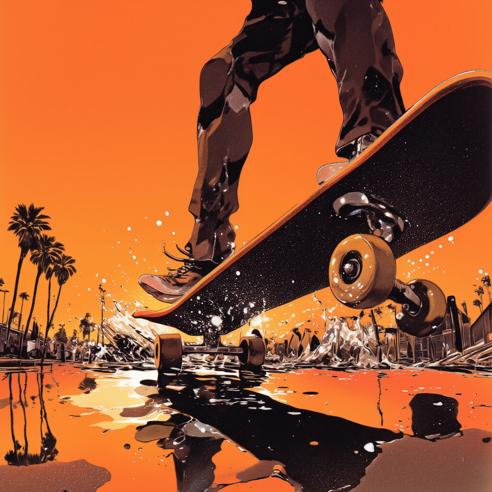 A close-up dynamic shot of a skateboard in motion at sunset, with a skater silhouette performing a trick. The scene highlights the puddle surface reflecting the vibrant orange and red hues of the sunset, as well as the silhouette of a palm tree and distant structures. Emphasize the detailed texture of the skateboard deck, the skater's sneakers, and the splash created by the wheels gliding through the wet pavement. Capture the energy and motion with dramatic lighting and reflections, creating a cinematic, action-packed vibe. Hirohiko Araki, By Taiyo Matsumoto