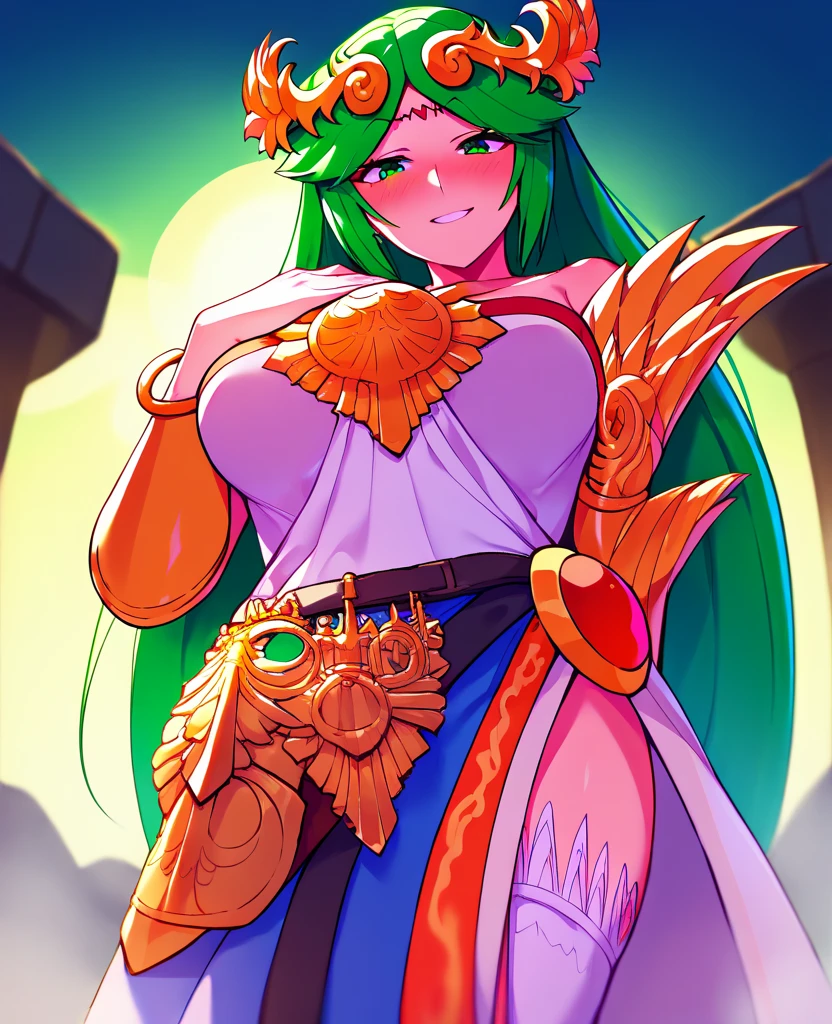 (masterpiece, best quality:1.3), Rizdraws, Thin Lineart, male, solo, looking at viewer, flat chest, feminine male, green hair, full body, :o, necklace, bare shoulders, strapless dress, vambraces, belt, white dress, white thighhighs, single thighhigh, holding staff, palutena, parted bangs, tiara, wide butt, from behind, shy look, large white Bloomers with seams