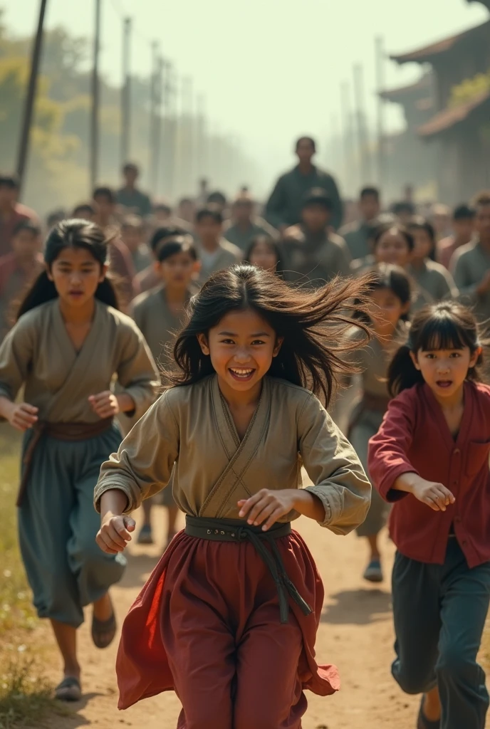 a asian muslim mother holding a bamboo stick chasing her small asian muslim child with an angry face. The mother from back chase the boy. , the boy running away with fear face, detailed facial features, dramatic lighting. Running effect, cinematic composition, moody atmosphere, high contrast, photorealistic, award winning photograph, 8k, HDR. 1980 timeline